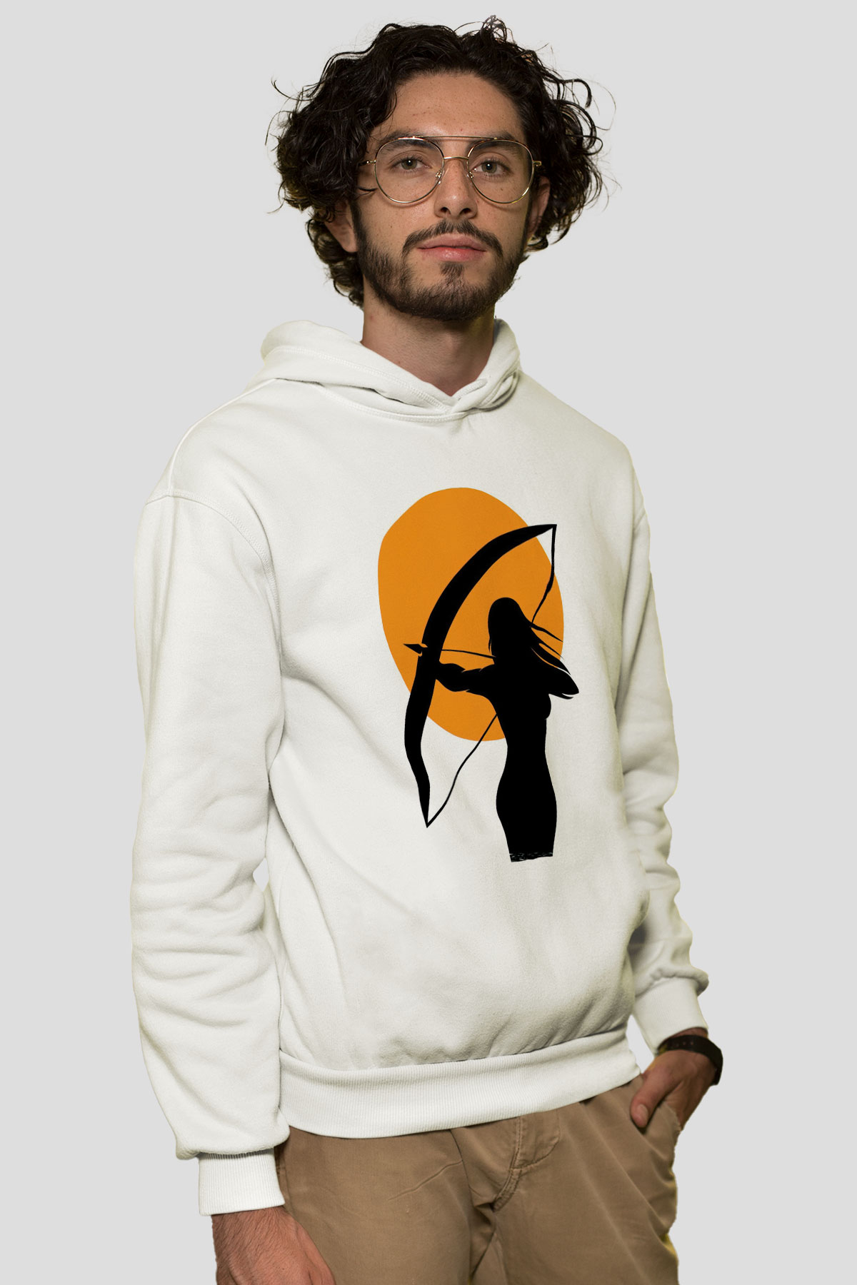 Avcı Beyaz Unisex Kapüşonlu Sweatshirt