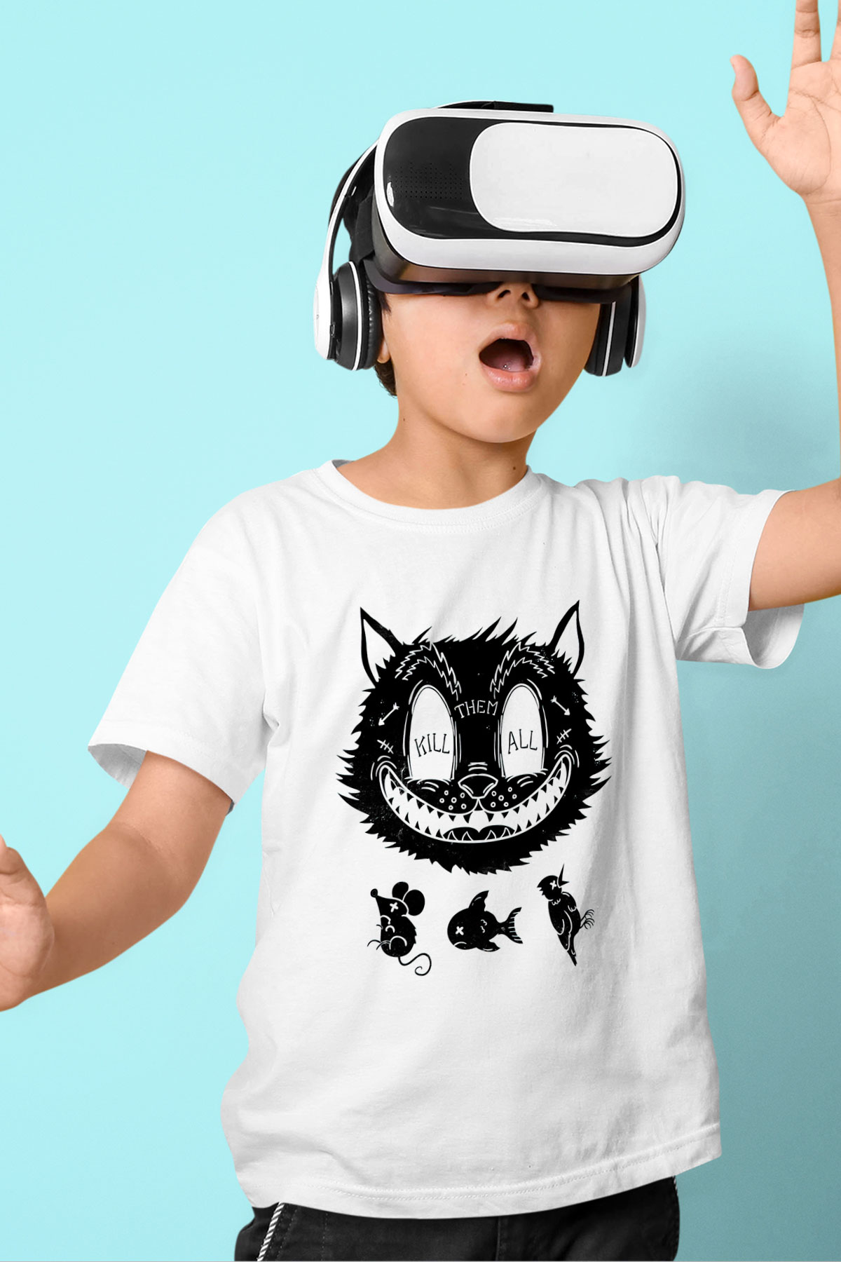 Avcı Kedi Baskılı Unisex Beyaz  Çocuk Tişört