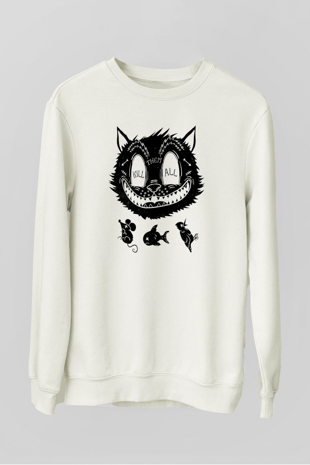 Avcı Kedi Baskılı Unisex Beyaz  Sweatshirt