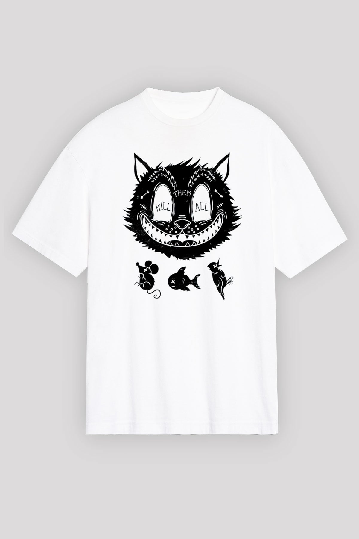 Avcı Kedi Baskılı Unisex Beyaz Tshirt