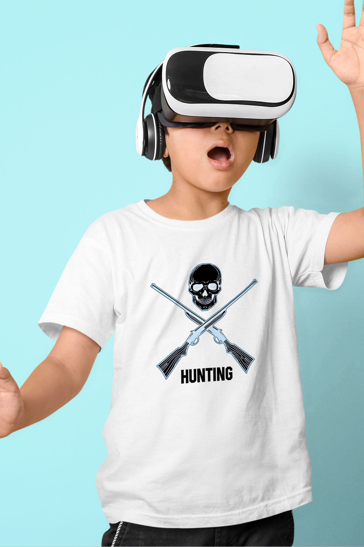 Avcılık Baskılı Unisex Beyaz Çocuk Tişört - Tshirt