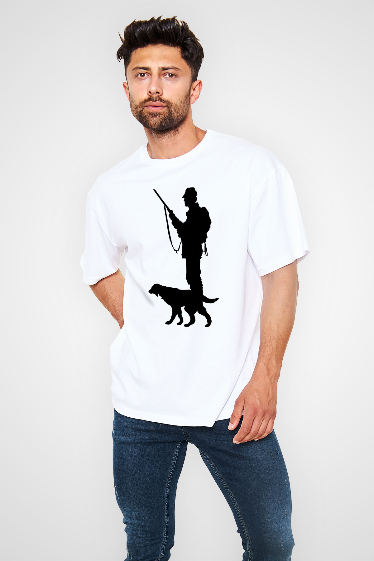 Avcılık Baskılı Unisex Beyaz Oversize Tişört - Tshirt