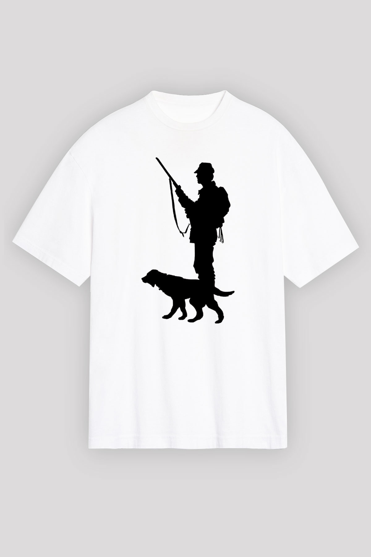 Avcılık Baskılı Unisex Beyaz Oversize Tişört - Tshirt