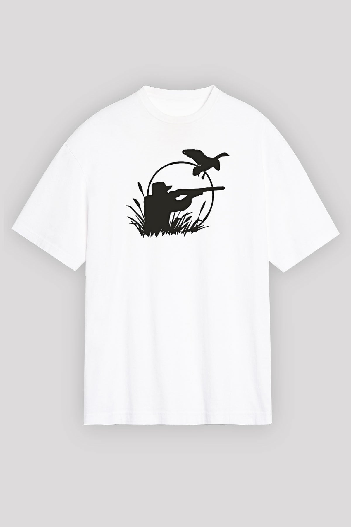 Avcılık Baskılı Unisex Beyaz Oversize Tişört - Tshirt