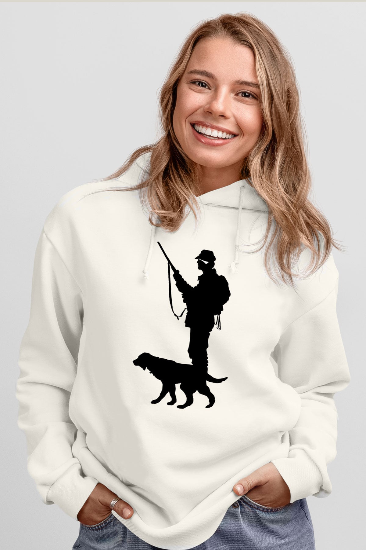 Avcılık Baskılı Unisex Ekru Hoodie