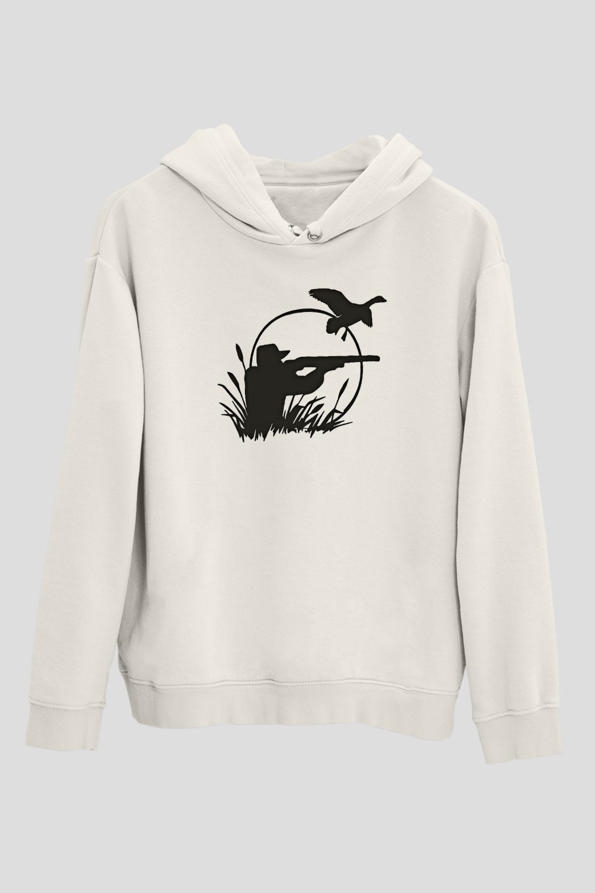 Avcılık Baskılı Unisex Ekru Hoodie