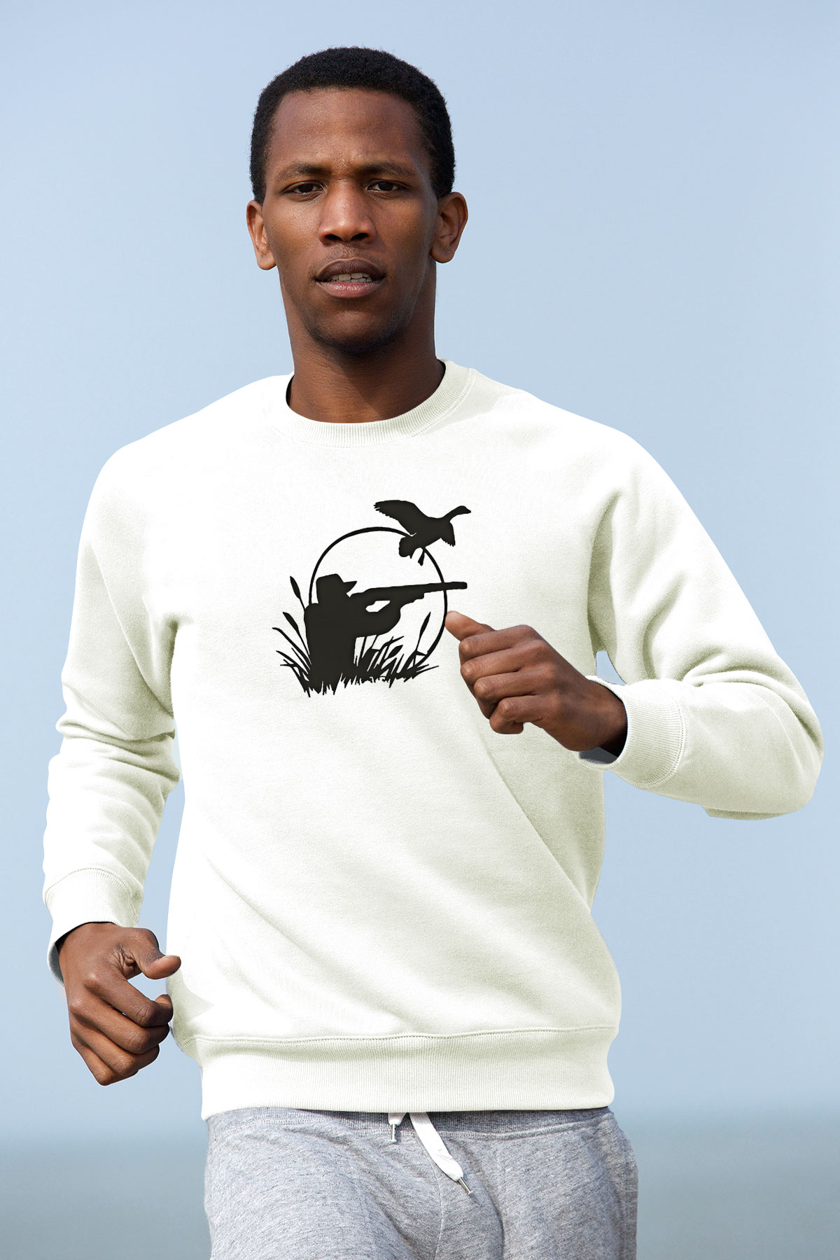 Avcılık Baskılı Unisex Ekru Sweatshirt