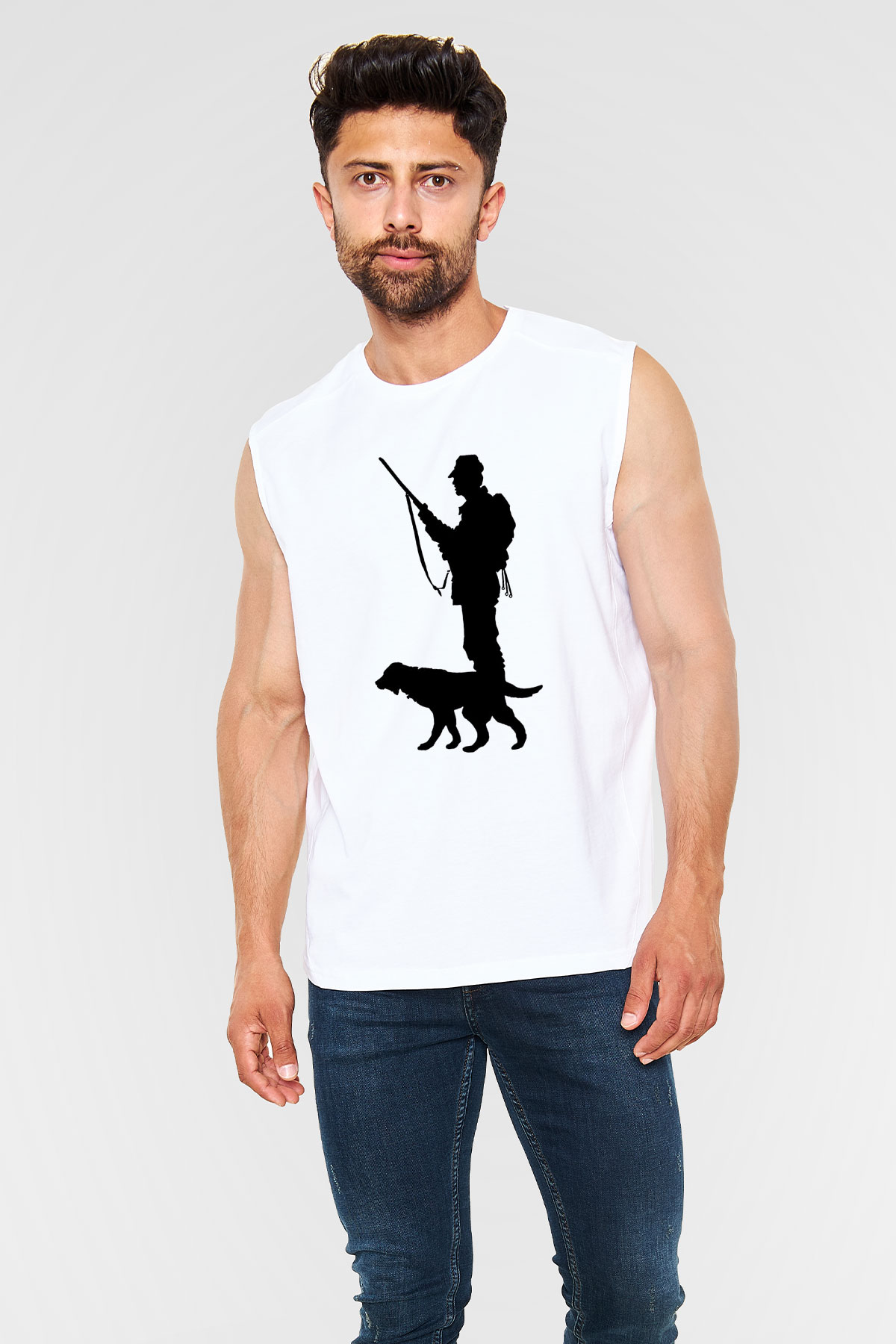 Avcılık Baskılı Unisex Kolsuz Beyaz Tişört