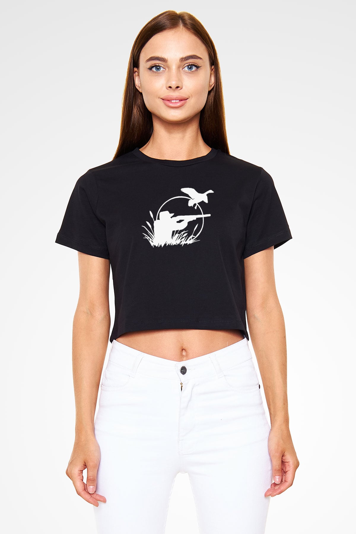 Avcılık - Hunting Baskılı Crop Top Siyah Kadın Tişört - Tshirt