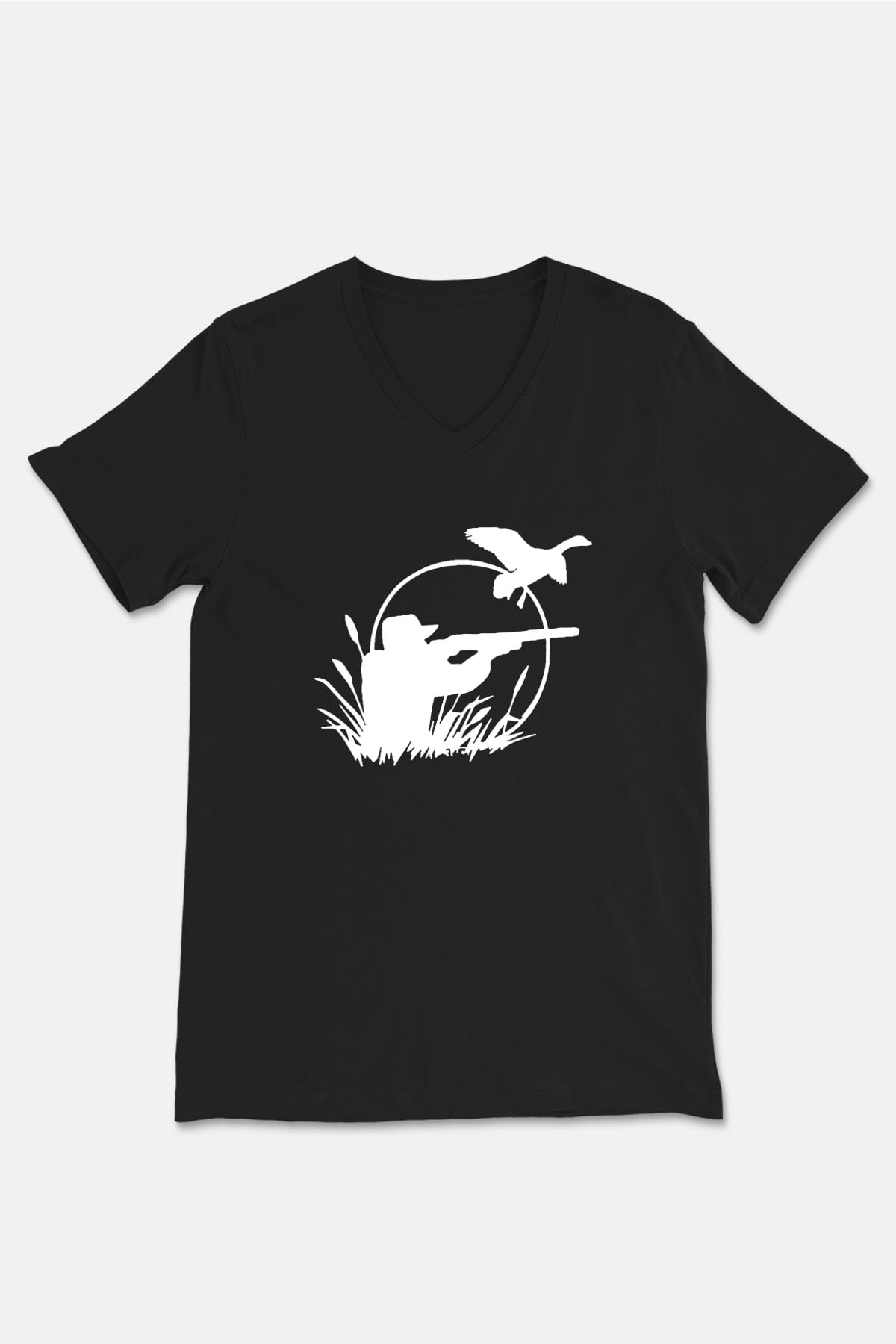 Avcılık - Hunting Baskılı Unisex Siyah V Yaka Tişört