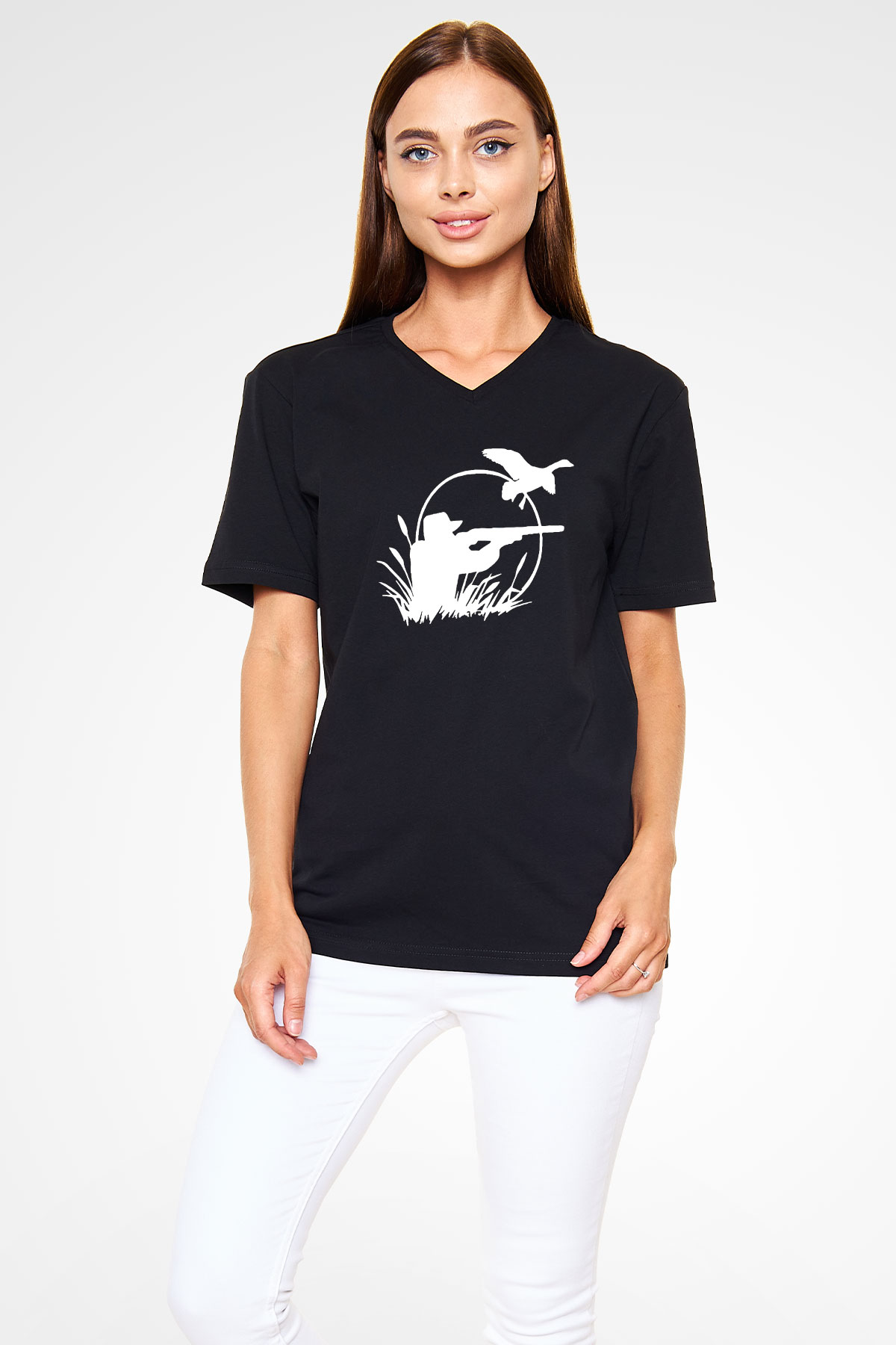 Avcılık - Hunting Baskılı Unisex Siyah V Yaka Tişört