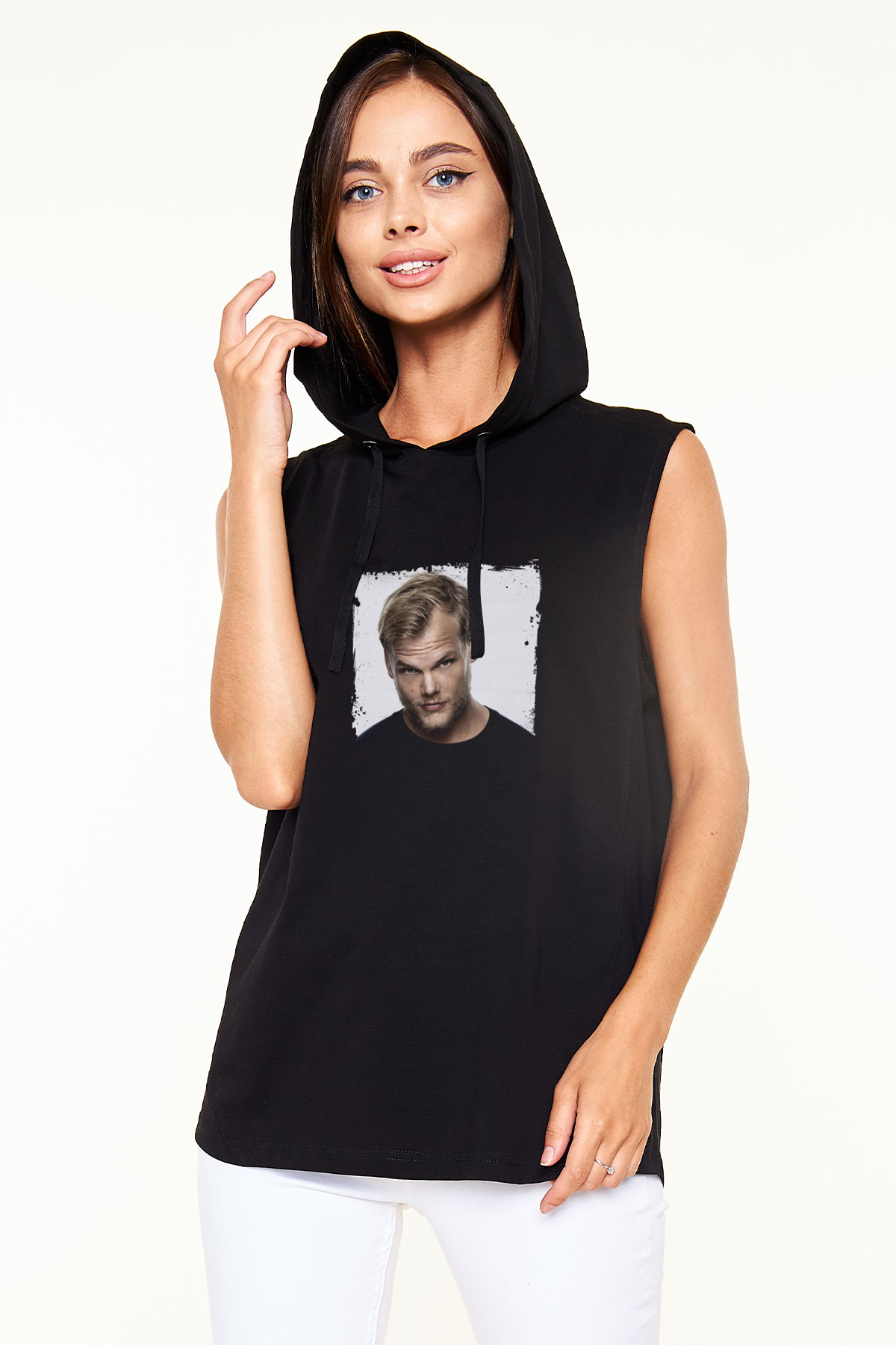 Avicii Baskılı Unisex Siyah Kapüşonlu Kolsuz Tişört
