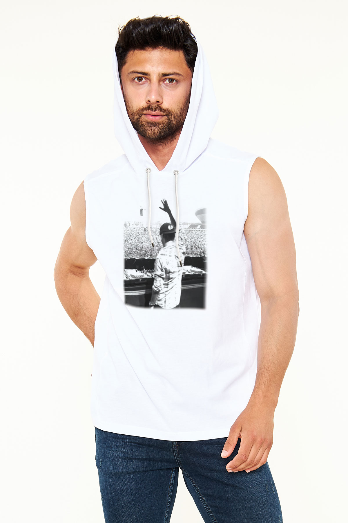 Avicii Beyaz Unisex Kapüşonlu Kolsuz Tişört