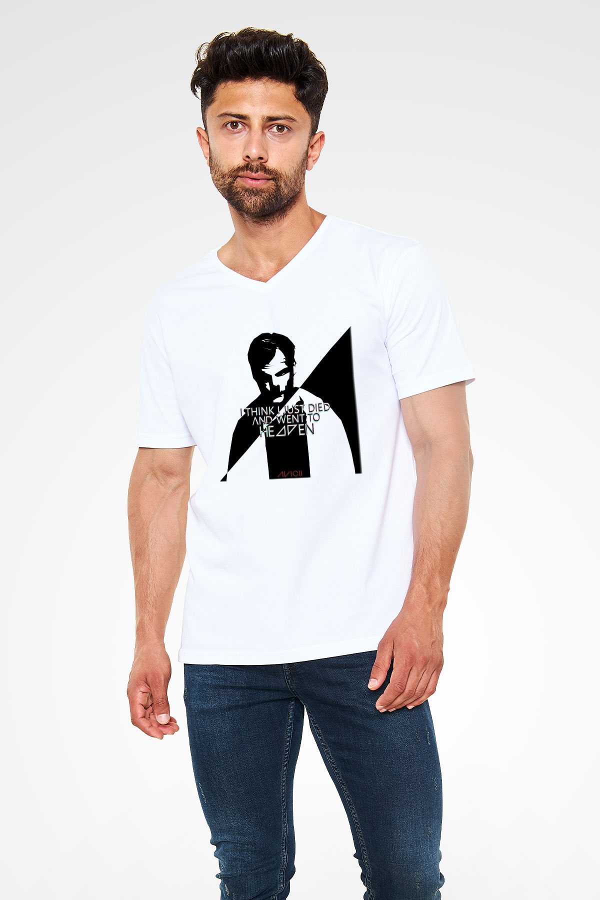 Avicii Beyaz Unisex V Yaka Tişört T-Shirt