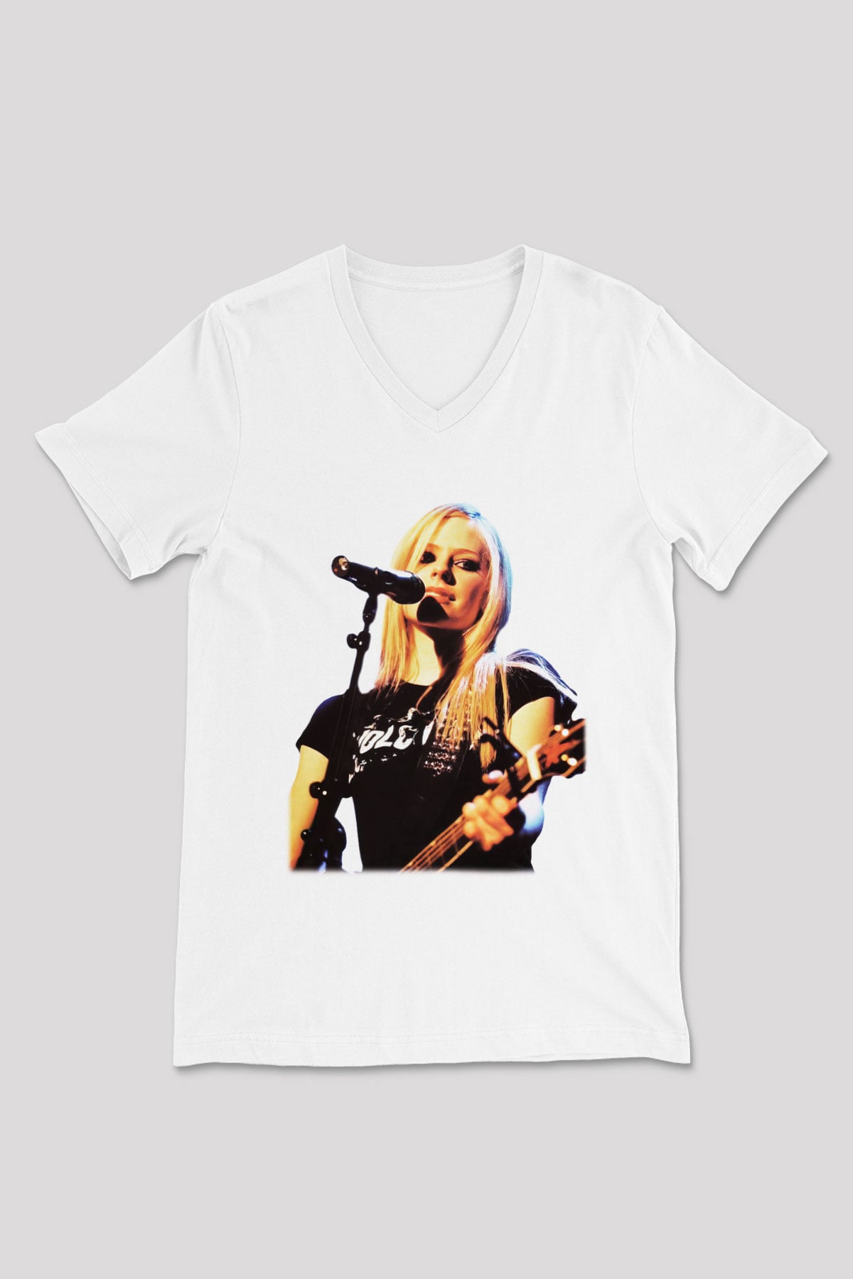 Avril Lavigne Beyaz Unisex V Yaka Tişört T-Shirt