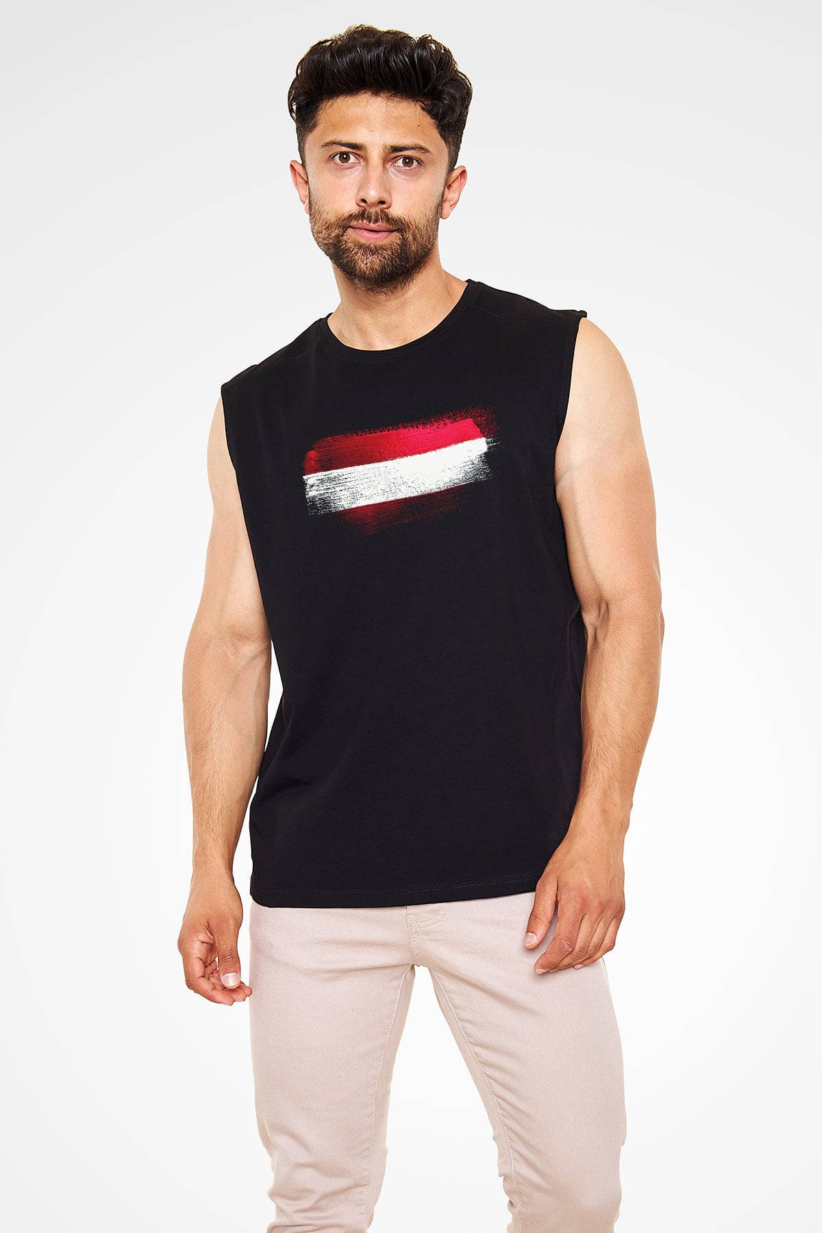 Avusturya - Austria Bayrağı Baskılı Unisex Siyah Kolsuz Tişört