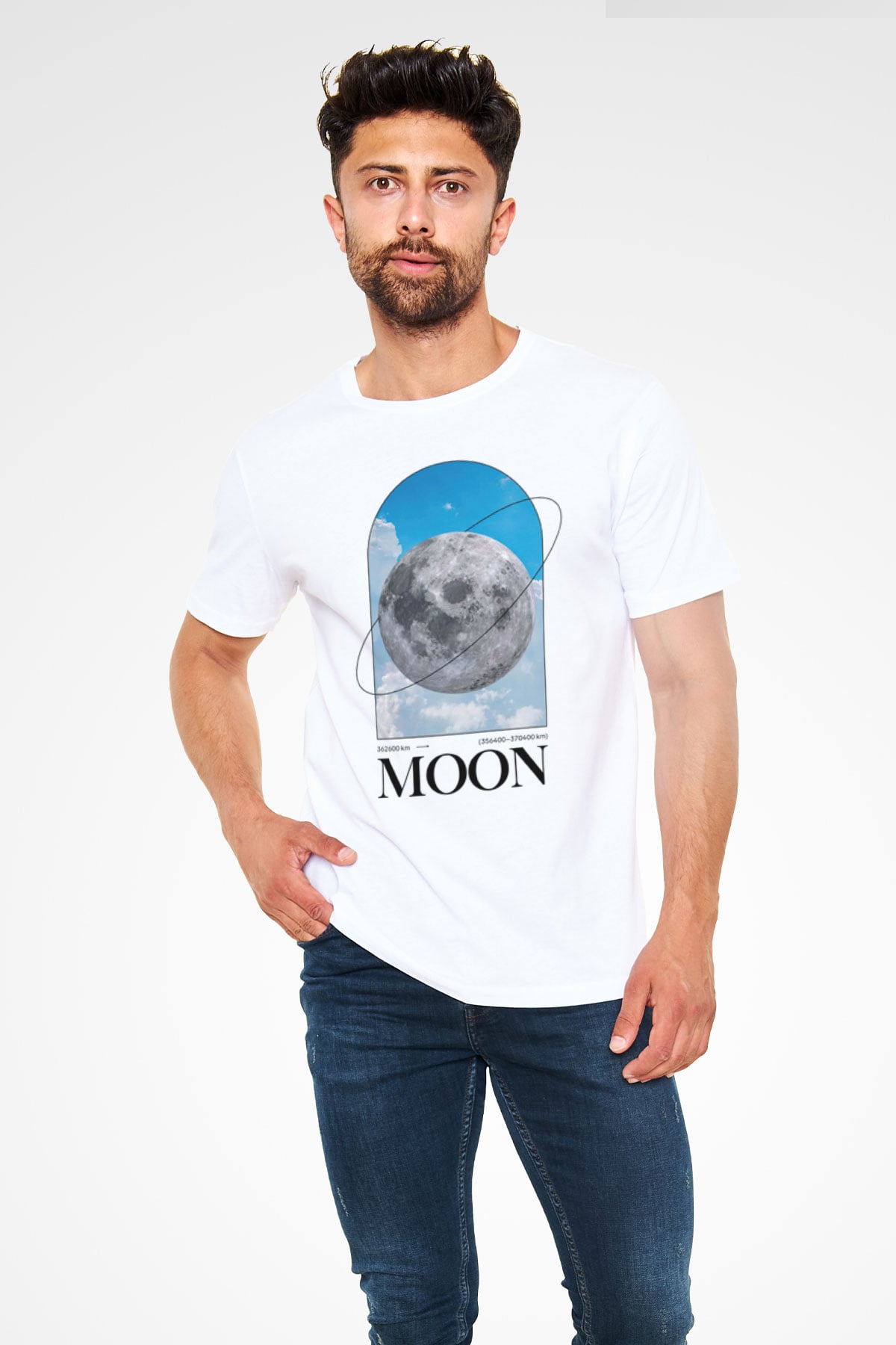 Ay Baskılı Unisex Beyaz Tişört - Tshirt