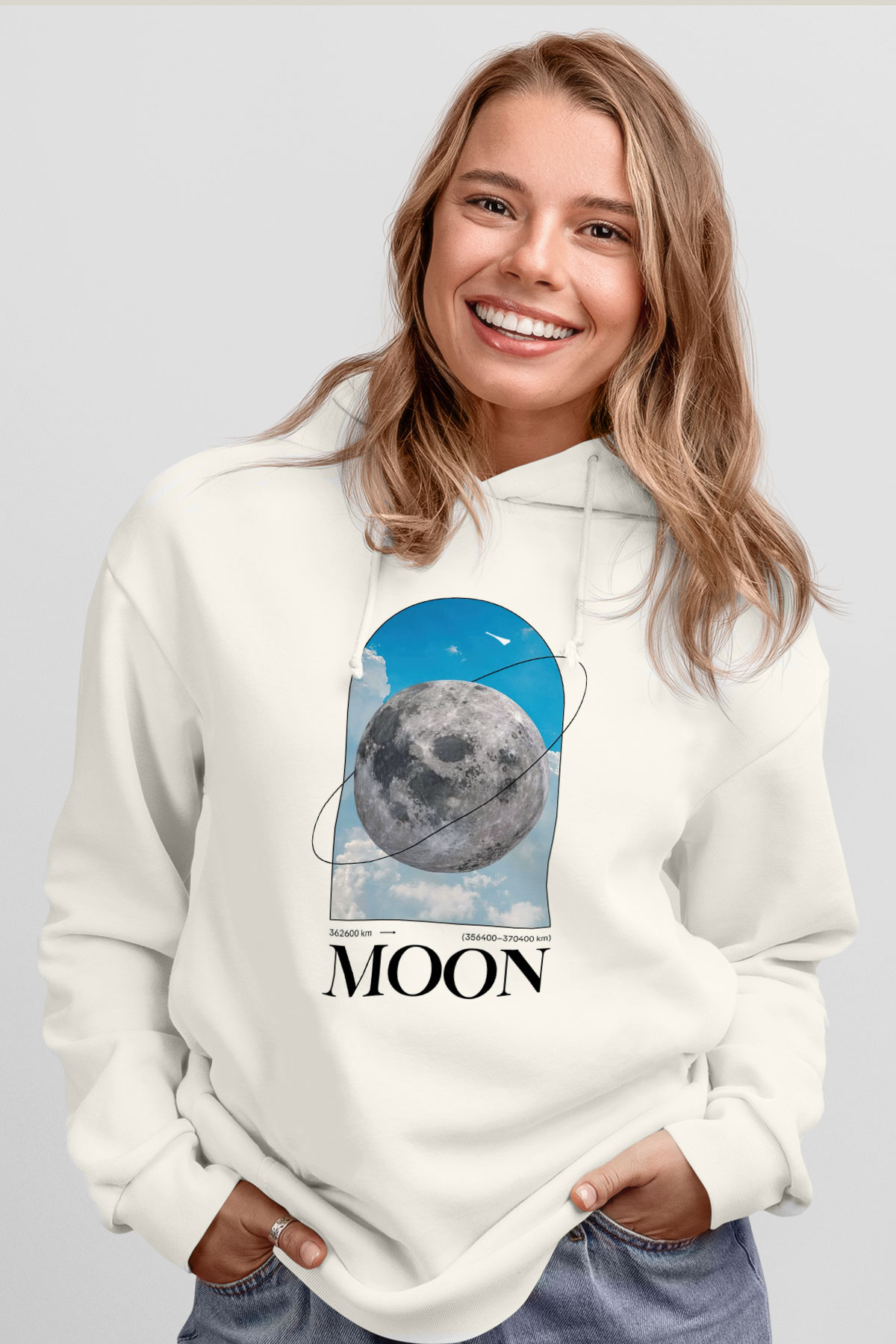Ay Baskılı Unisex Ekru Hoodie