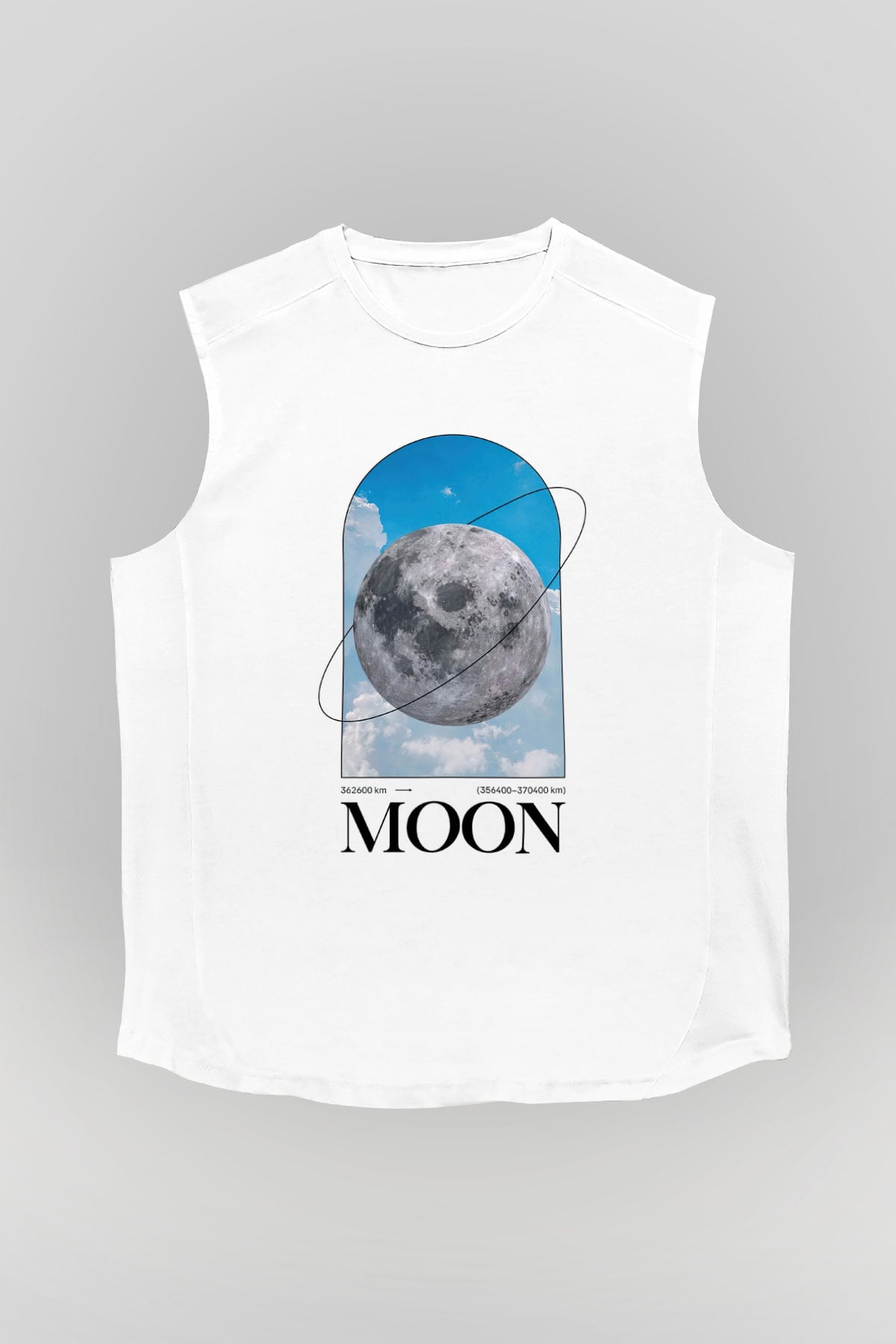 Ay Baskılı Unisex Kolsuz Beyaz Tişört - Tshirt