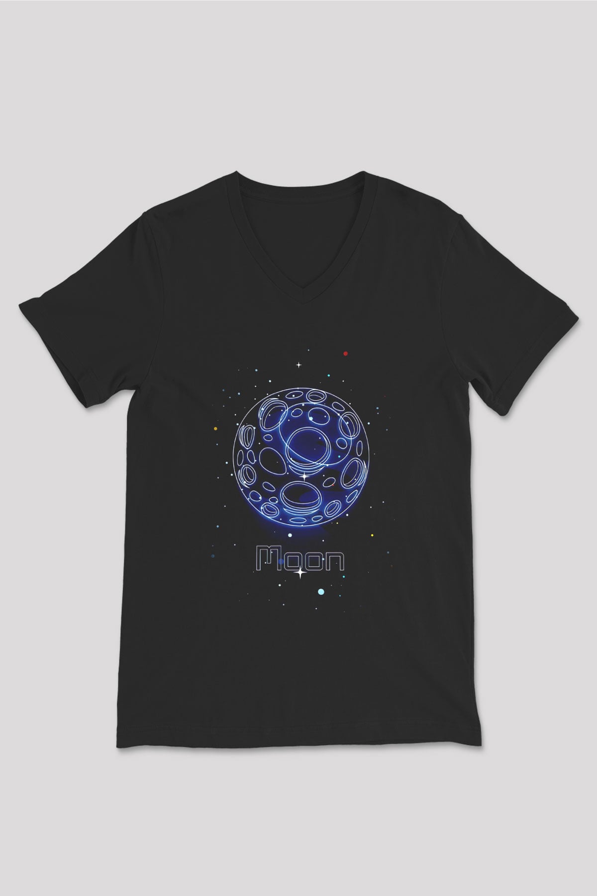 Ay Çizim Baskılı Unisex V Yaka Siyah Tİşört - Tshirt