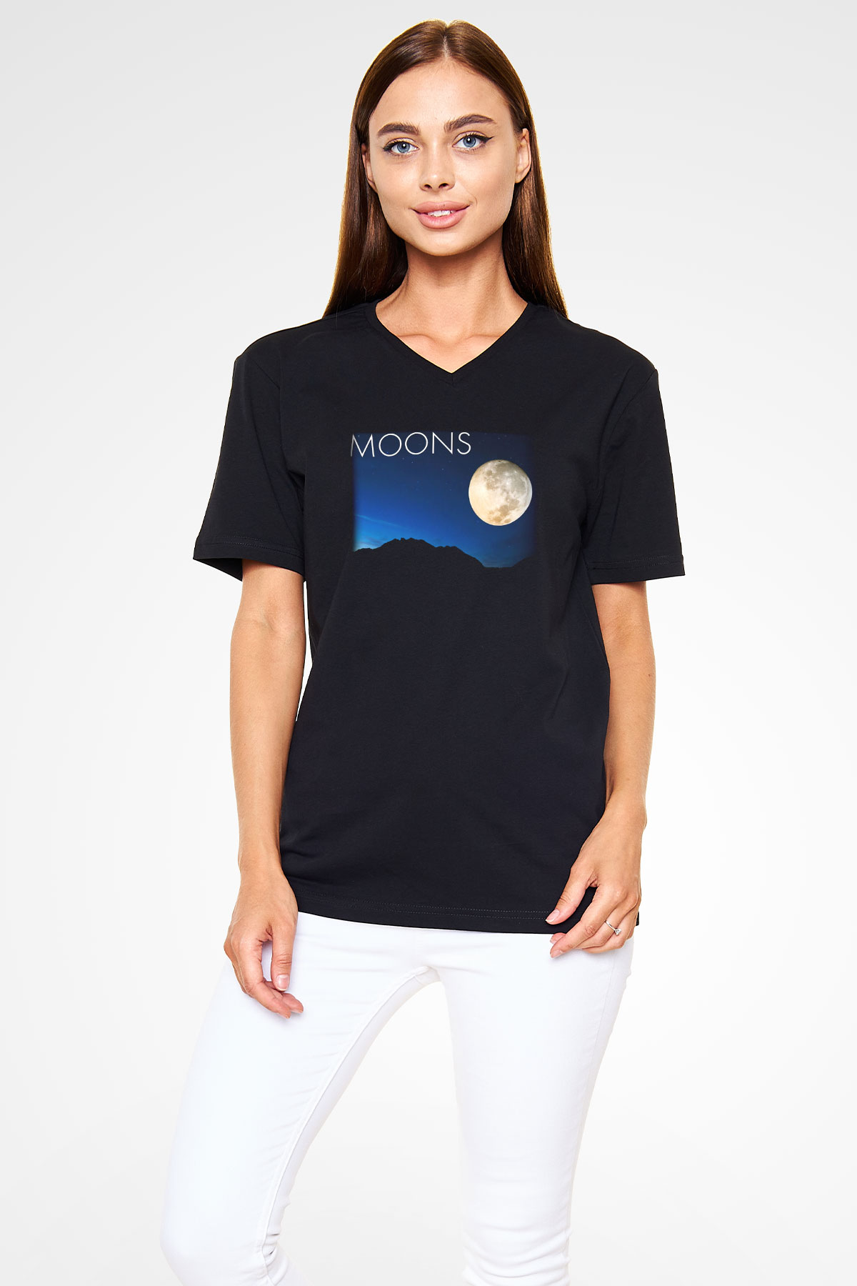 Ay Siyah Unisex V Yaka Tişört T-Shirt