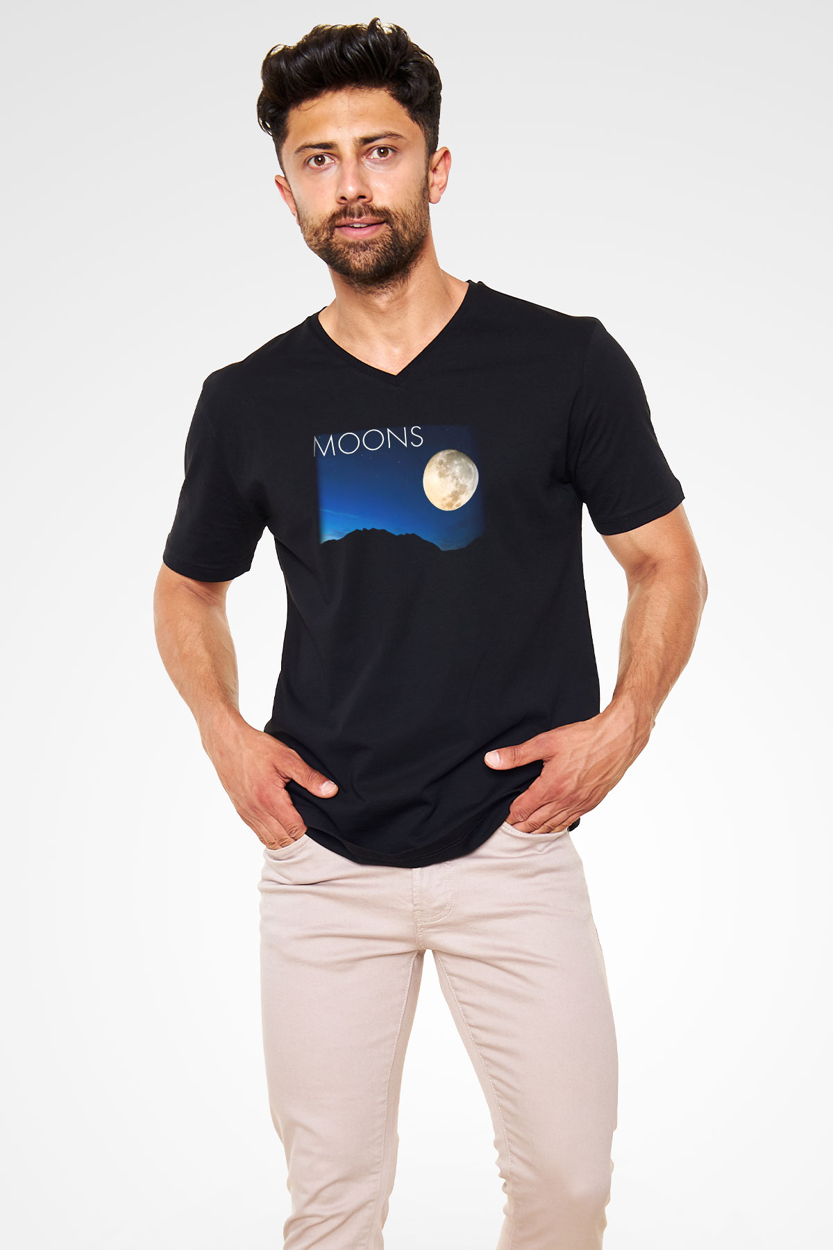 Ay Siyah Unisex V Yaka Tişört T-Shirt