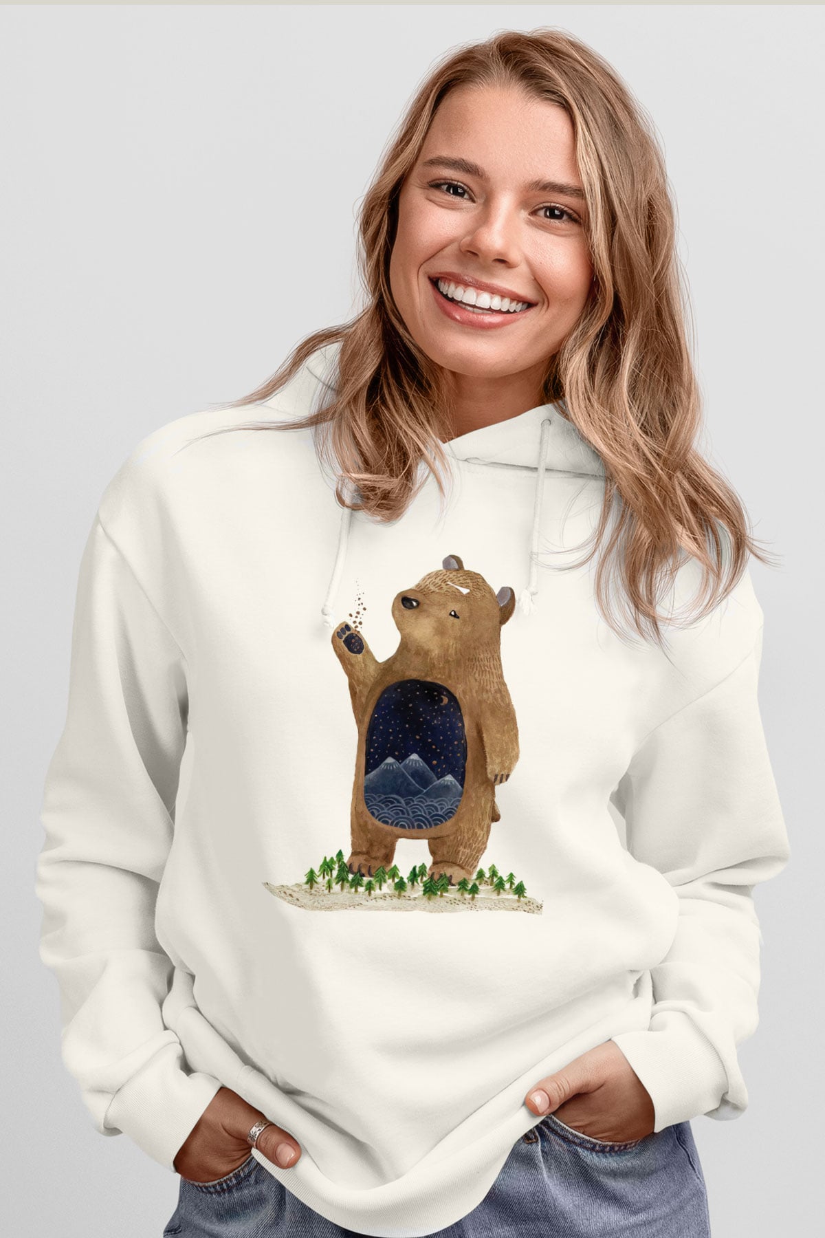 Ayı Beyaz Unisex Kapşonlu Sweatshirt