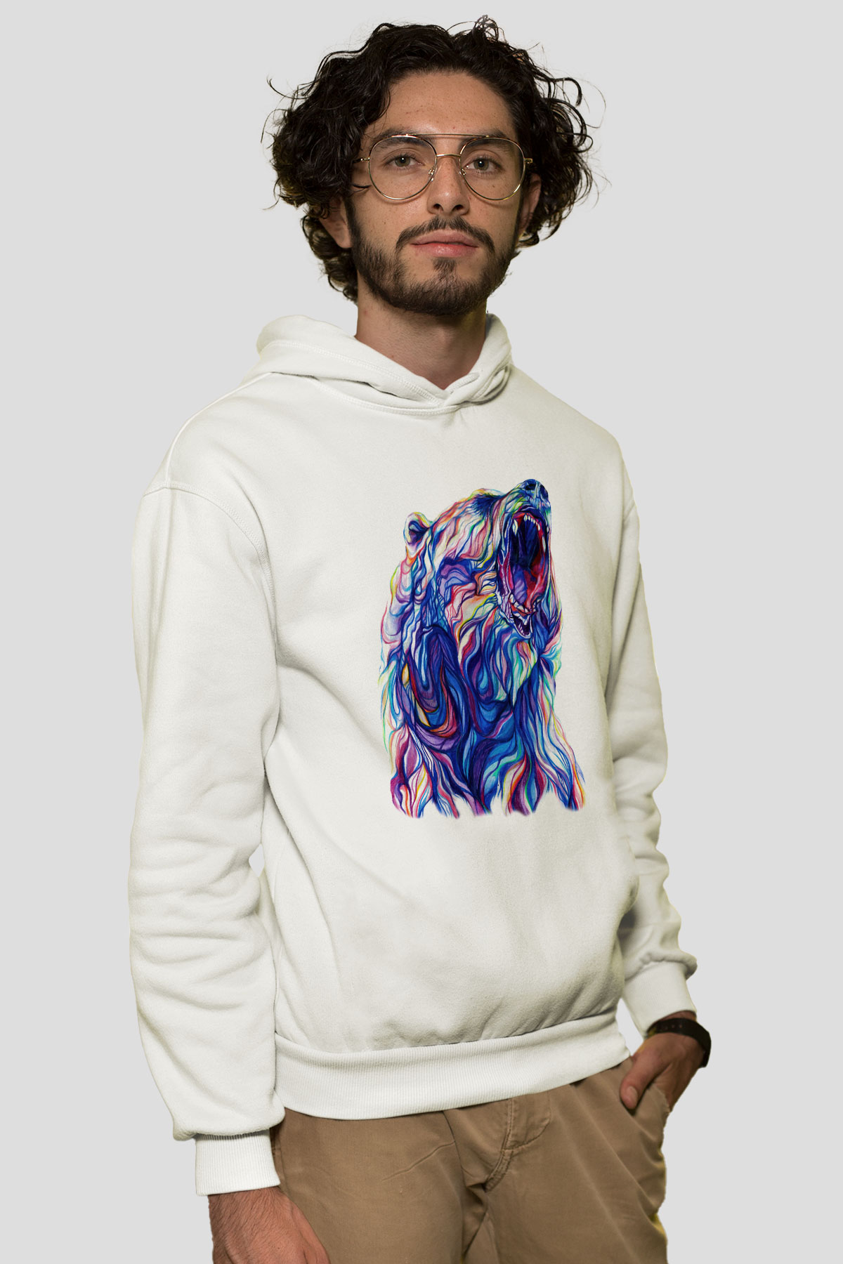 Ayı Beyaz Unisex Kapşonlu Sweatshirt