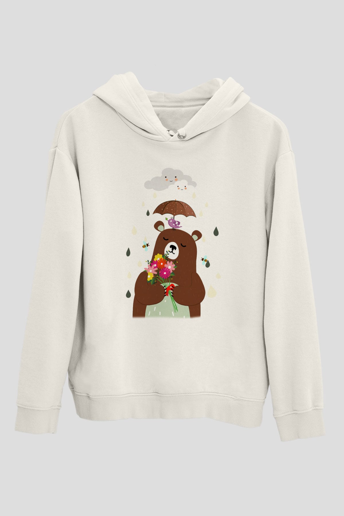 Ayı Beyaz Unisex Kapşonlu Sweatshirt