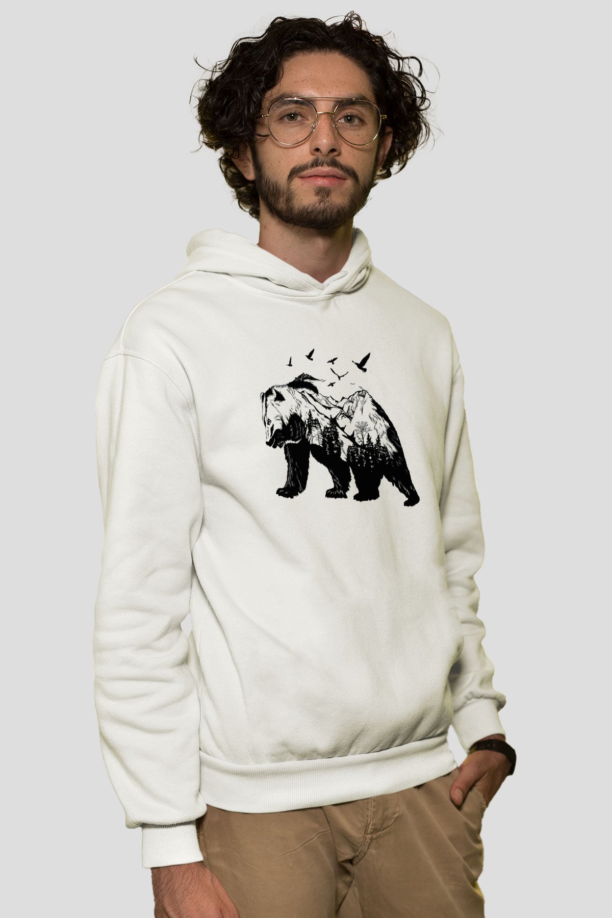 Ayı Beyaz Unisex Kapşonlu Sweatshirt