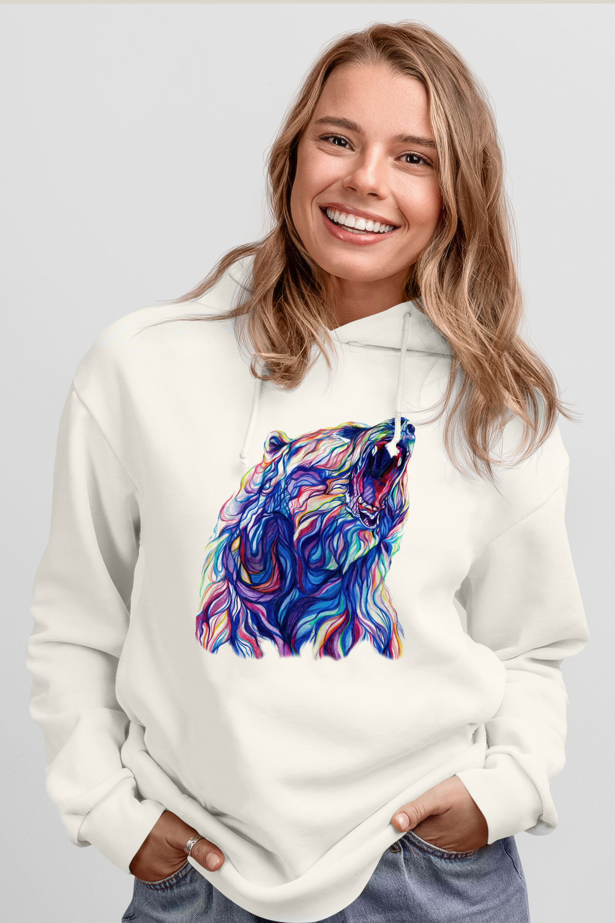 Ayı Beyaz Unisex Kapşonlu Sweatshirt