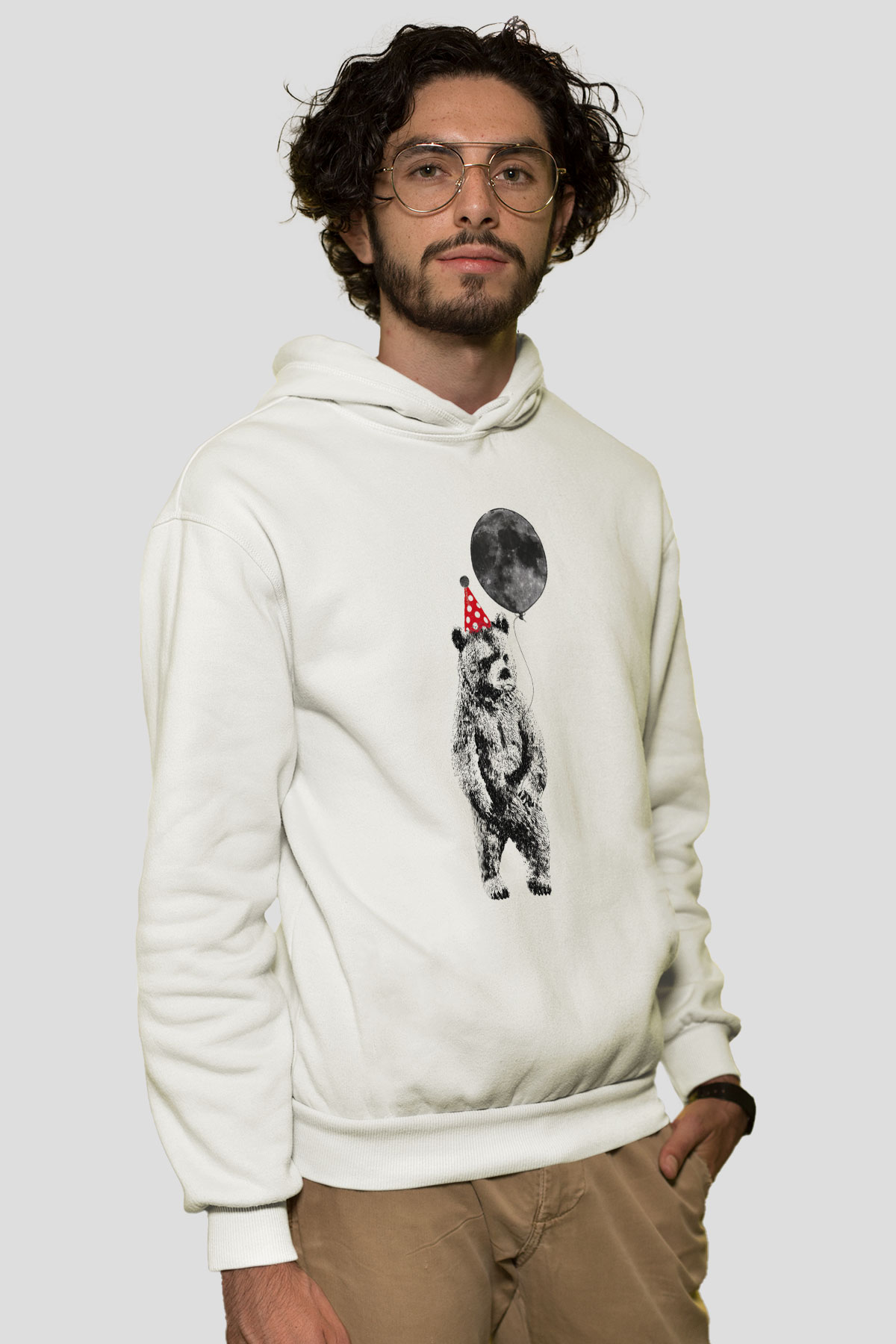 Ayı Beyaz Unisex Kapşonlu Sweatshirt