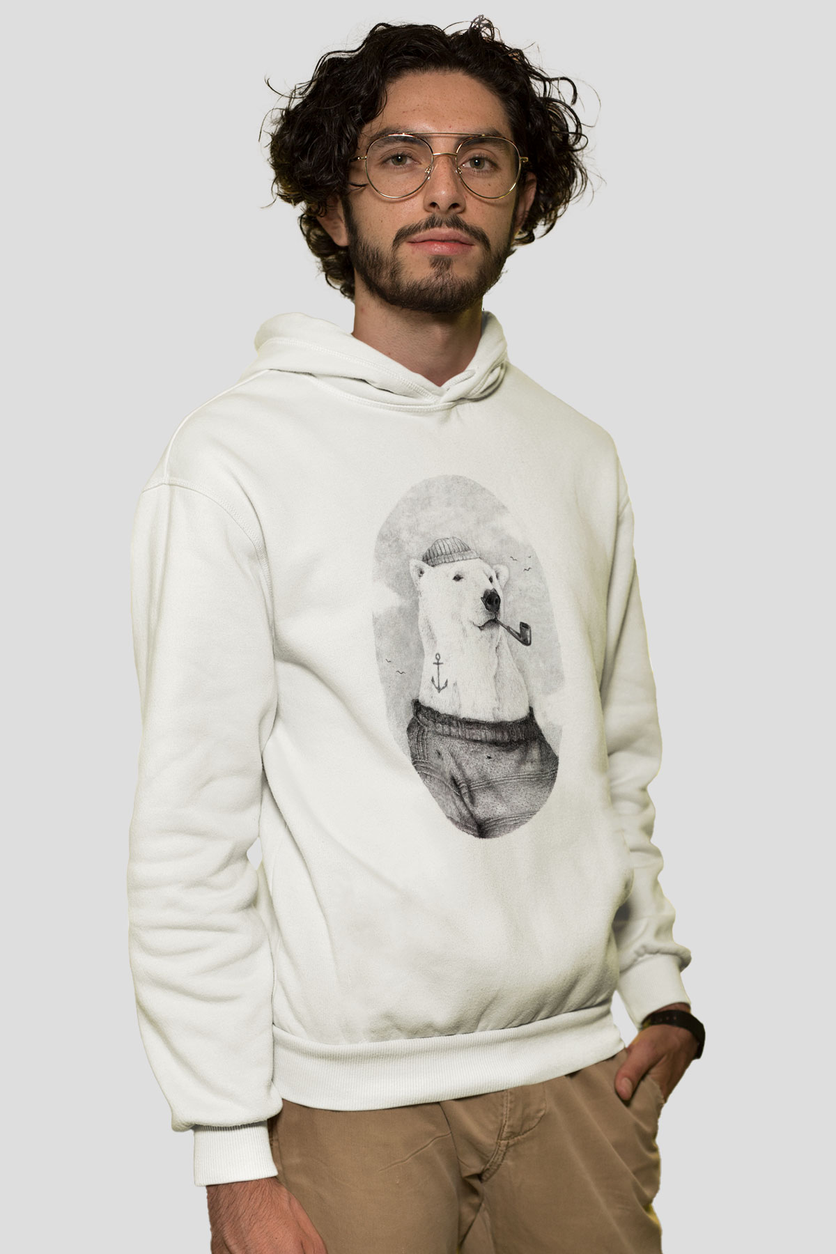 Ayı Beyaz Unisex Kapüşonlu Sweatshirt
