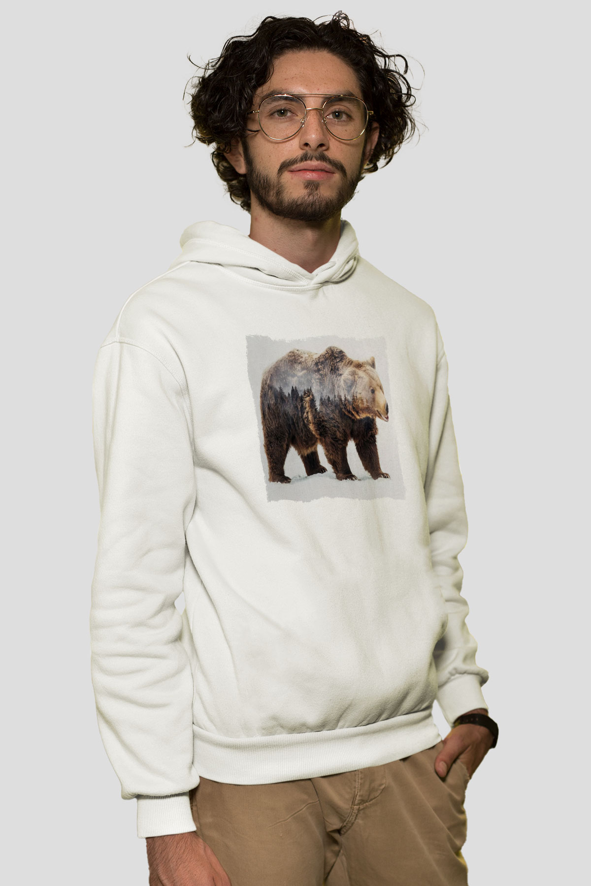 Ayı Beyaz Unisex Kapüşonlu Sweatshirt