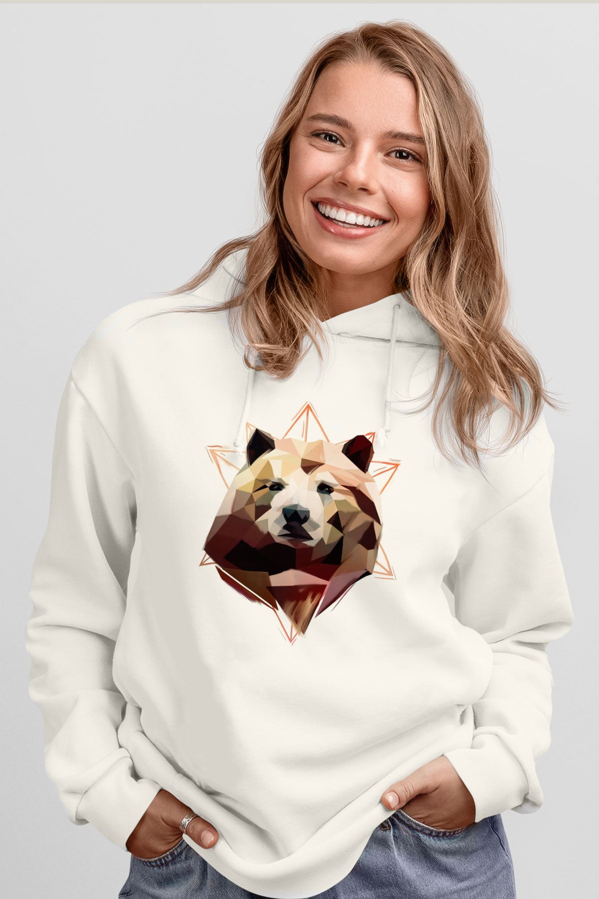 Ayı Beyaz Unisex Kapüşonlu Sweatshirt
