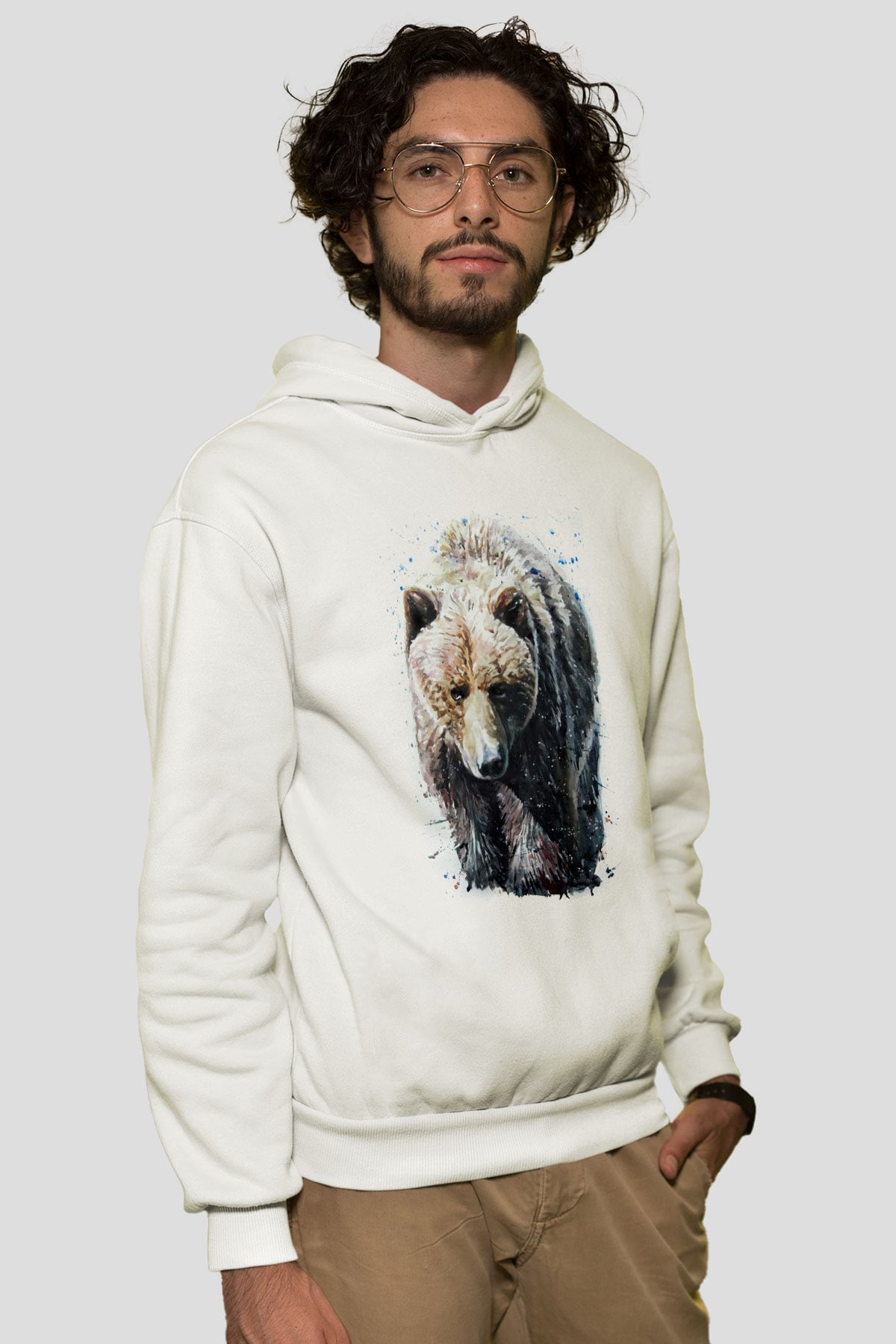 Ayı Beyaz Unisex Kapüşonlu Sweatshirt