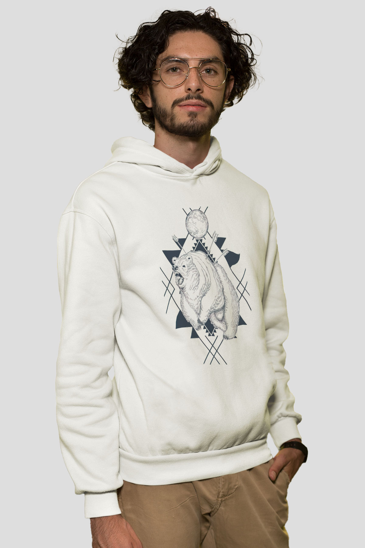 Ayı Beyaz Unisex Kapüşonlu Sweatshirt