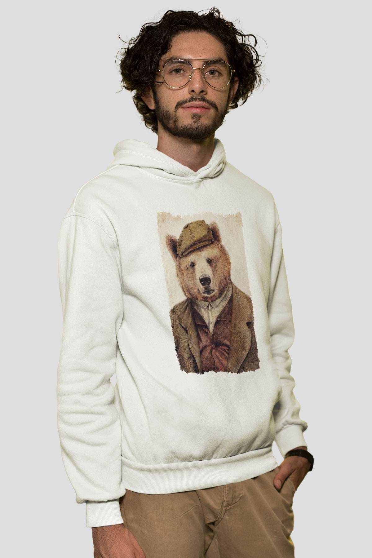 Ayı Beyaz Unisex Kapüşonlu Sweatshirt
