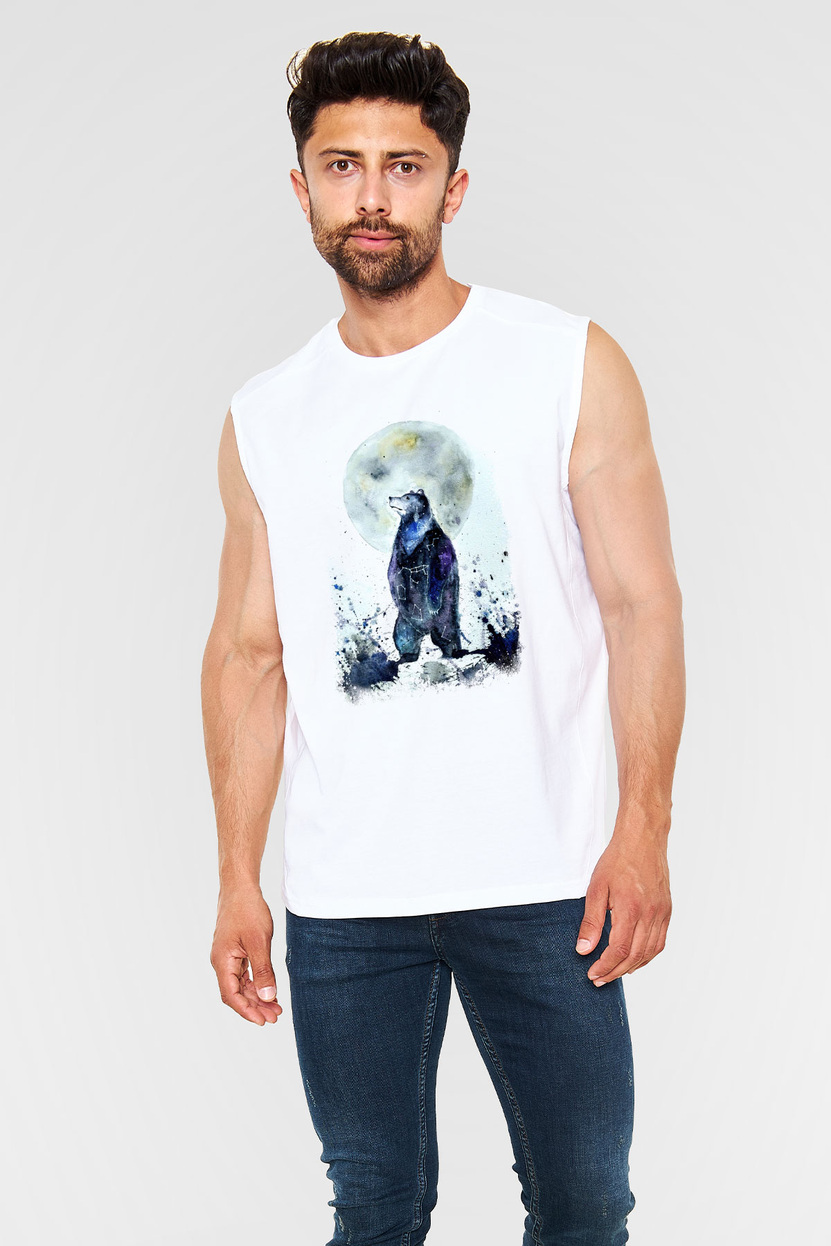 Ayı Beyaz Unisex Kolsuz Tişört