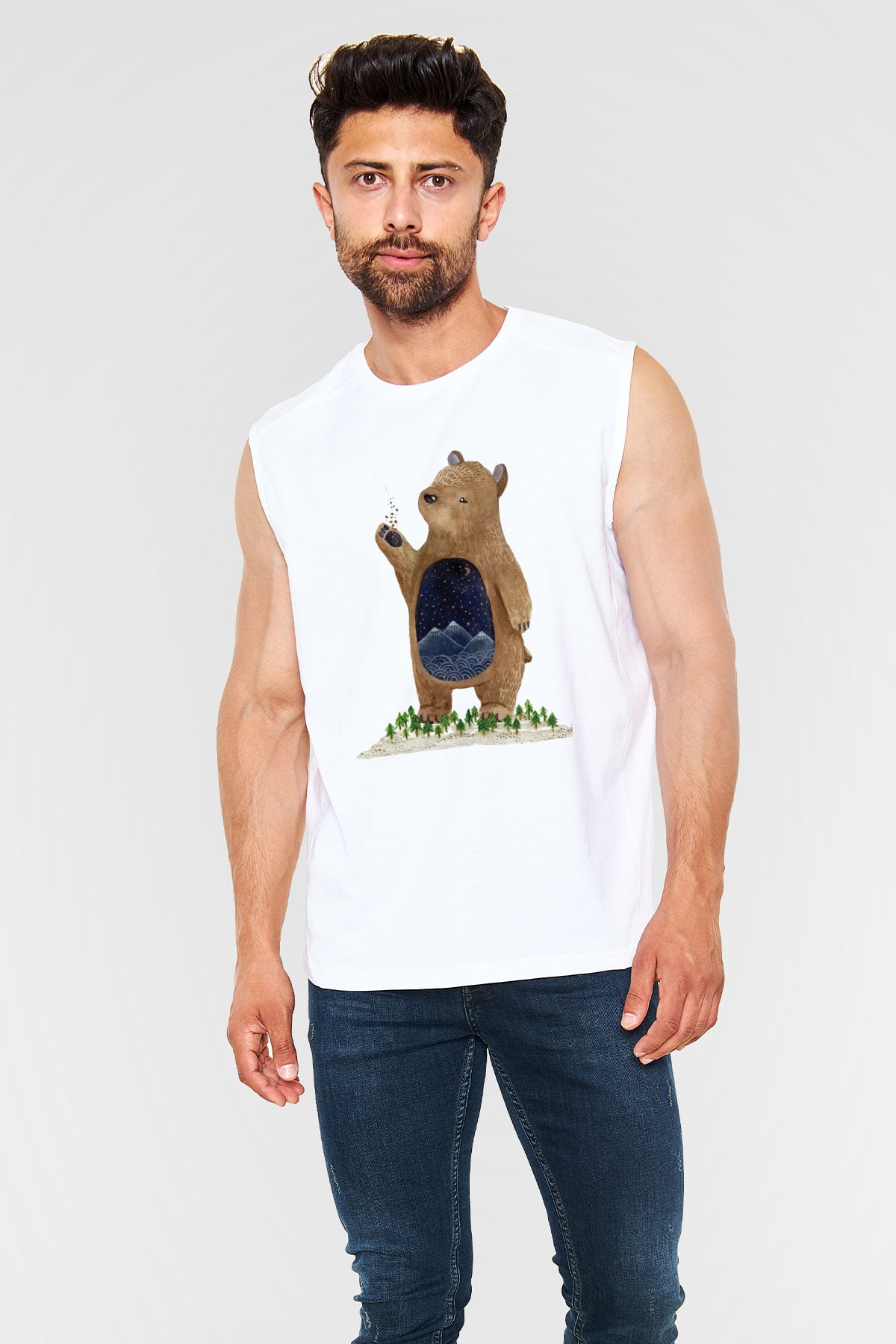 Ayı Beyaz Unisex Kolsuz Tişört