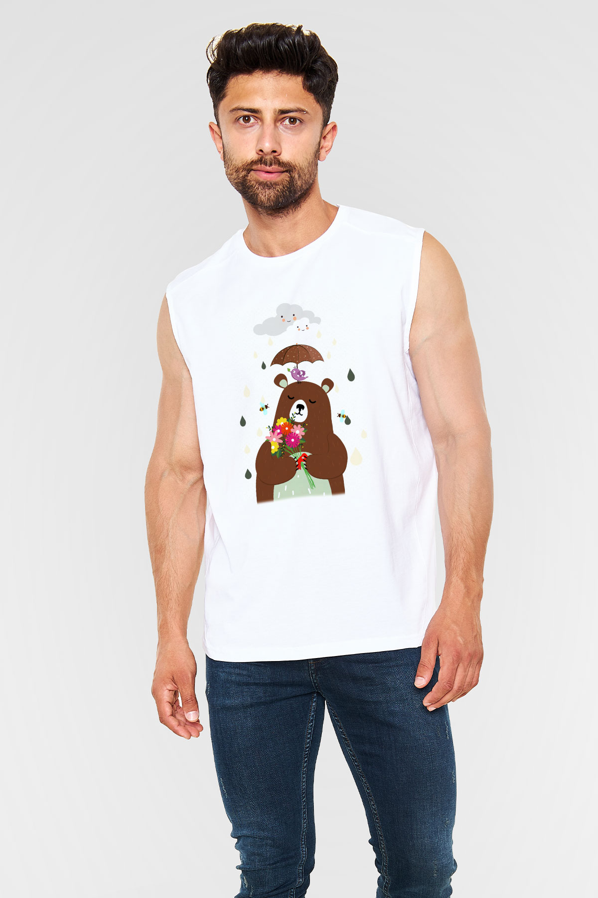 Ayı Beyaz Unisex Kolsuz Tişört