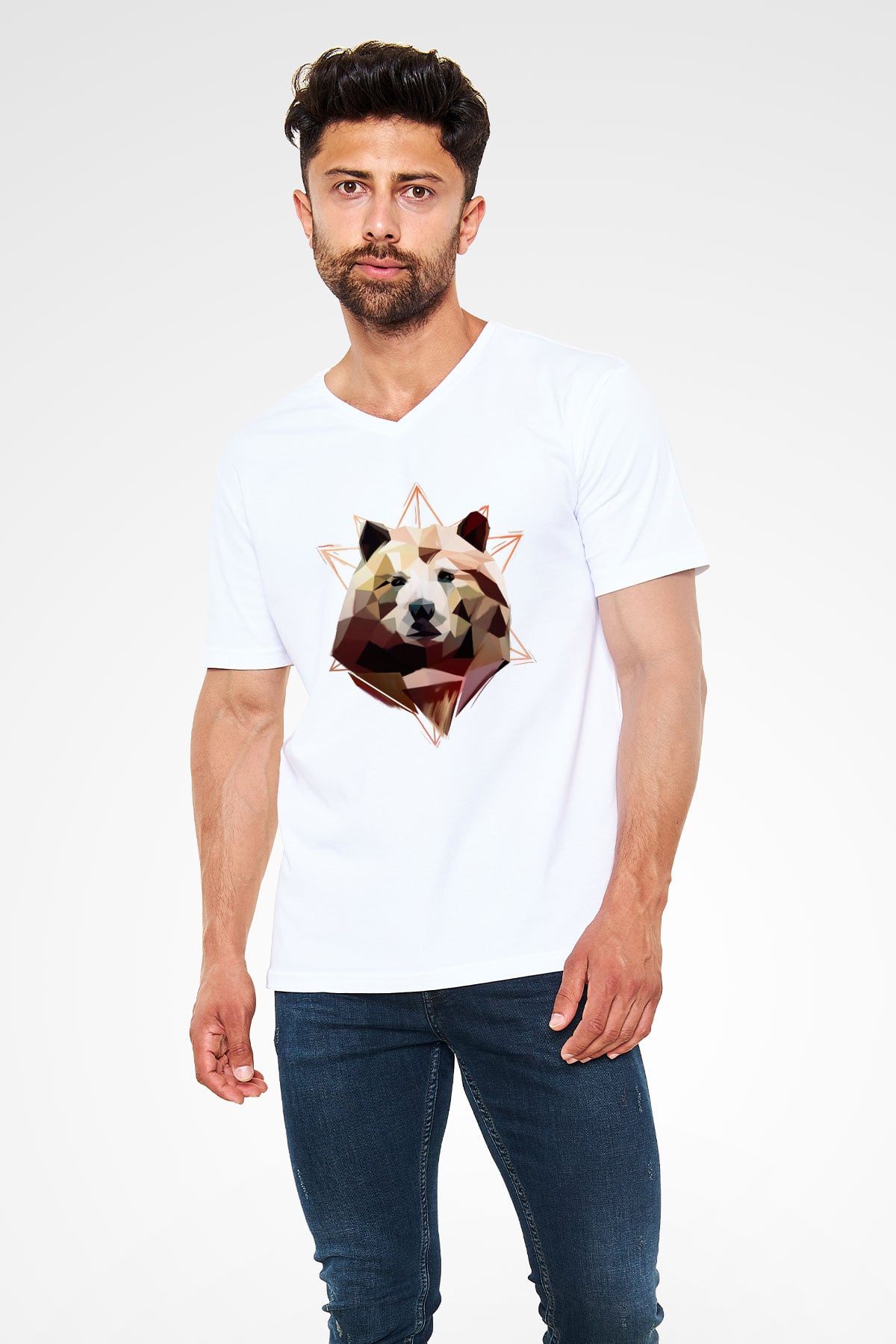 Ayı Beyaz Unisex V Yaka Tişört