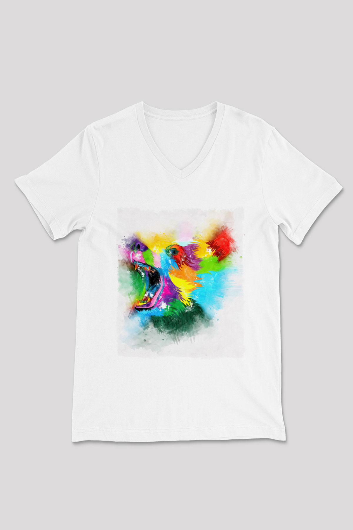 Ayı Beyaz Unisex V Yaka Tişört