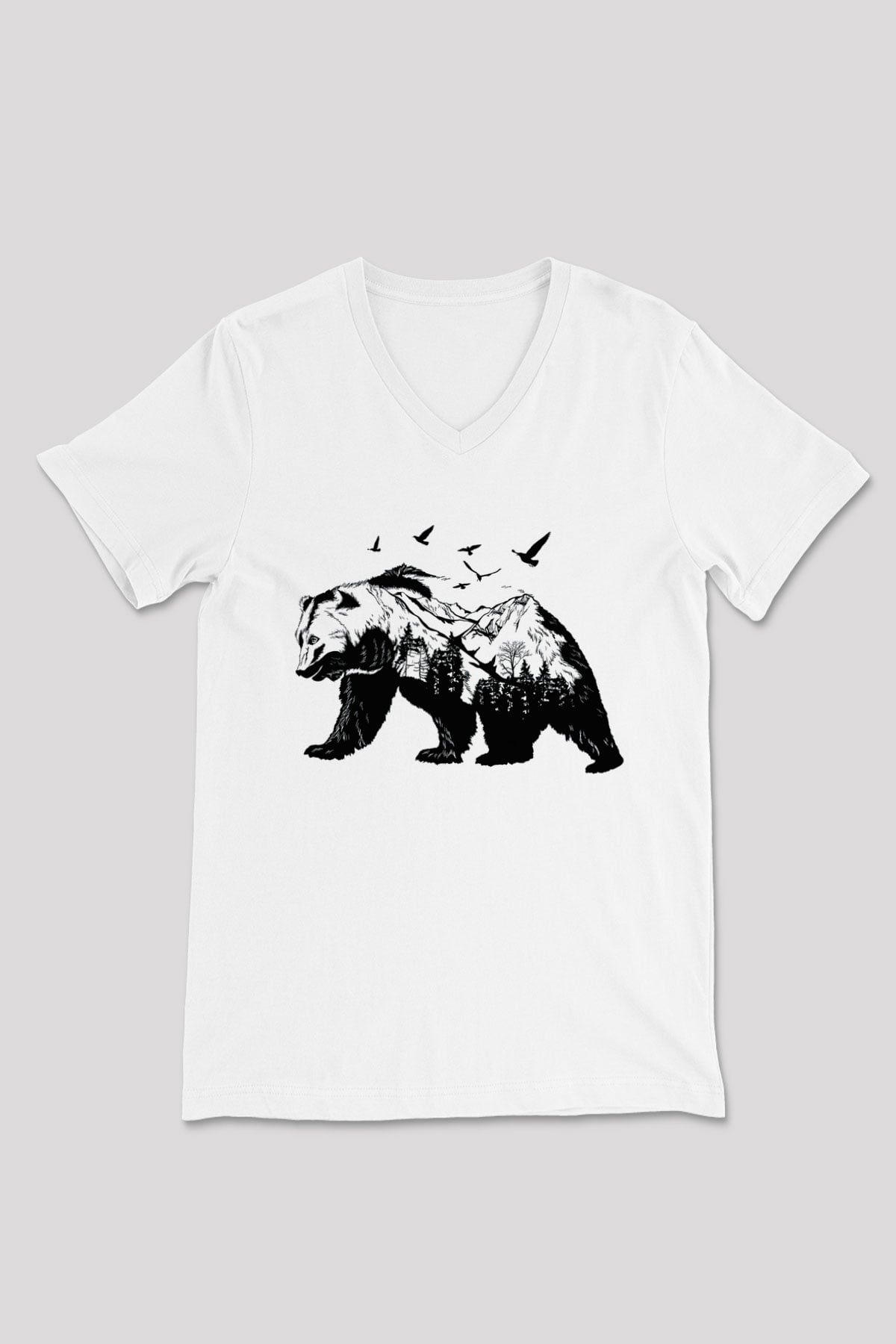 Ayı Beyaz Unisex V Yaka Tişört T-Shirt