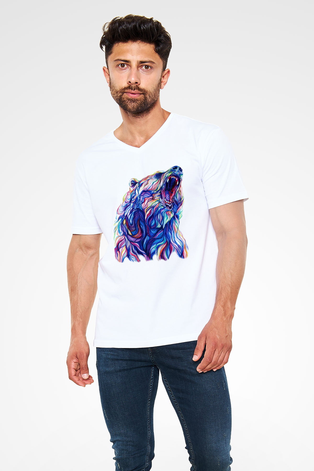 Ayı Beyaz Unisex V Yaka Tişört T-Shirt