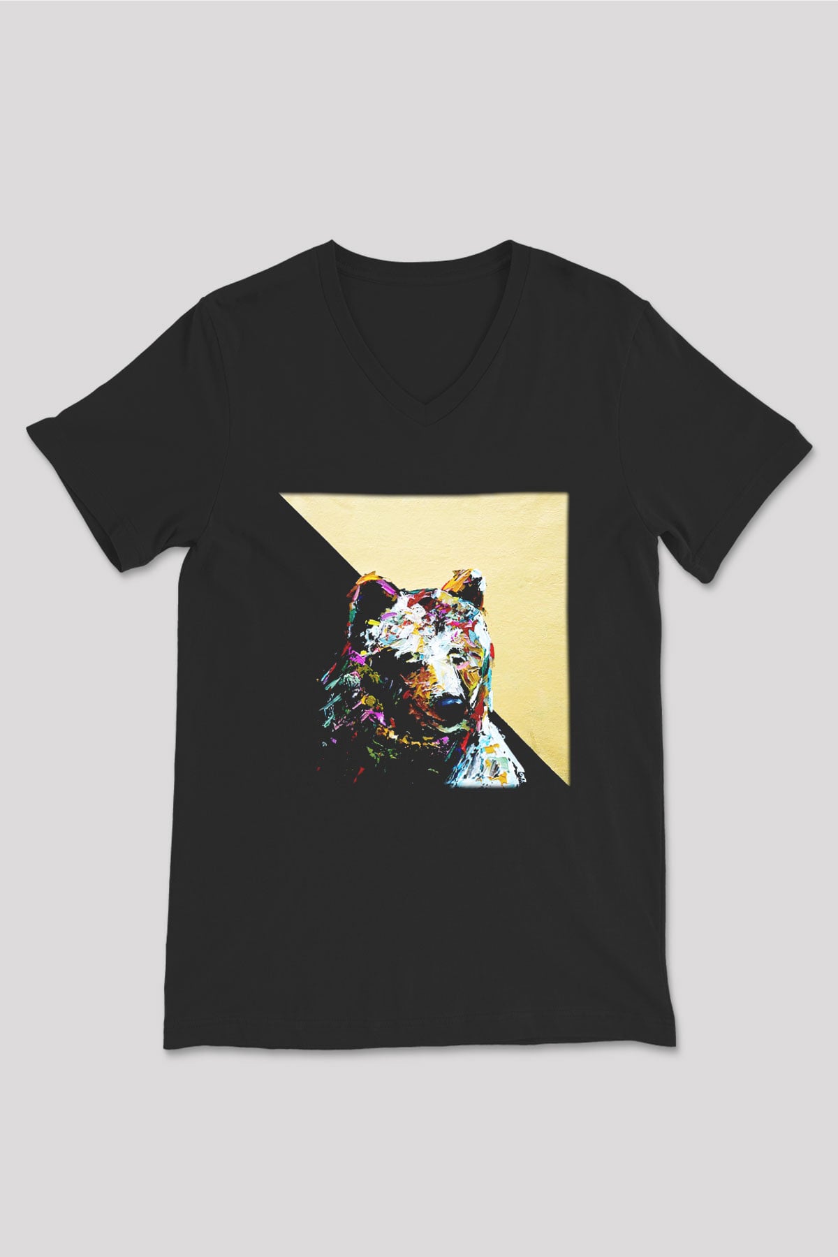 Ayı Siyah Unisex V Yaka Tişört T-Shirt