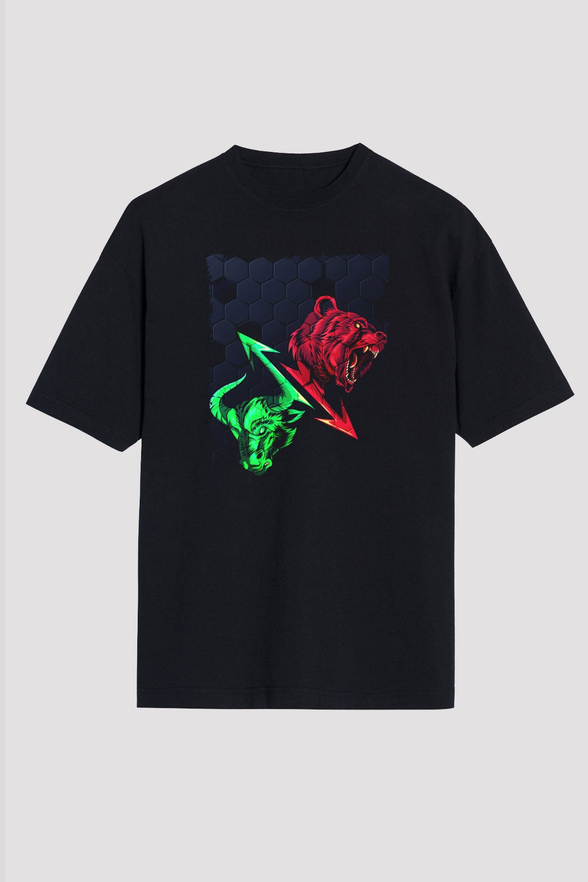 Ayı ve Boğa Baskılı Unisex Siyah Tişört