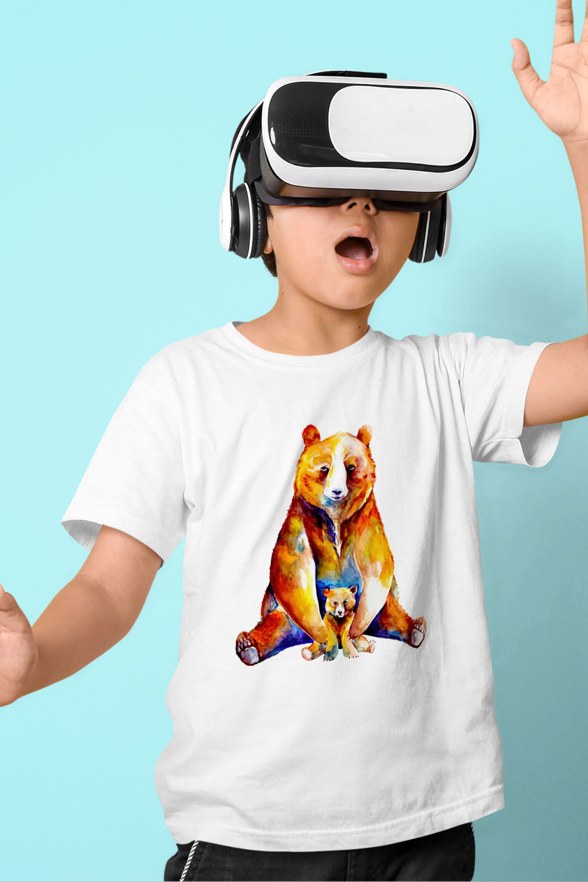 Ayı ve Yavrusu Baskılı Unisex Beyaz  Çocuk Tişört