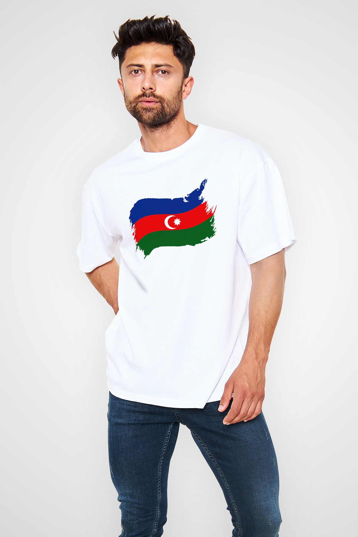 Azerbaycan Beyaz Unisex Oversize Tişört T-Shirt