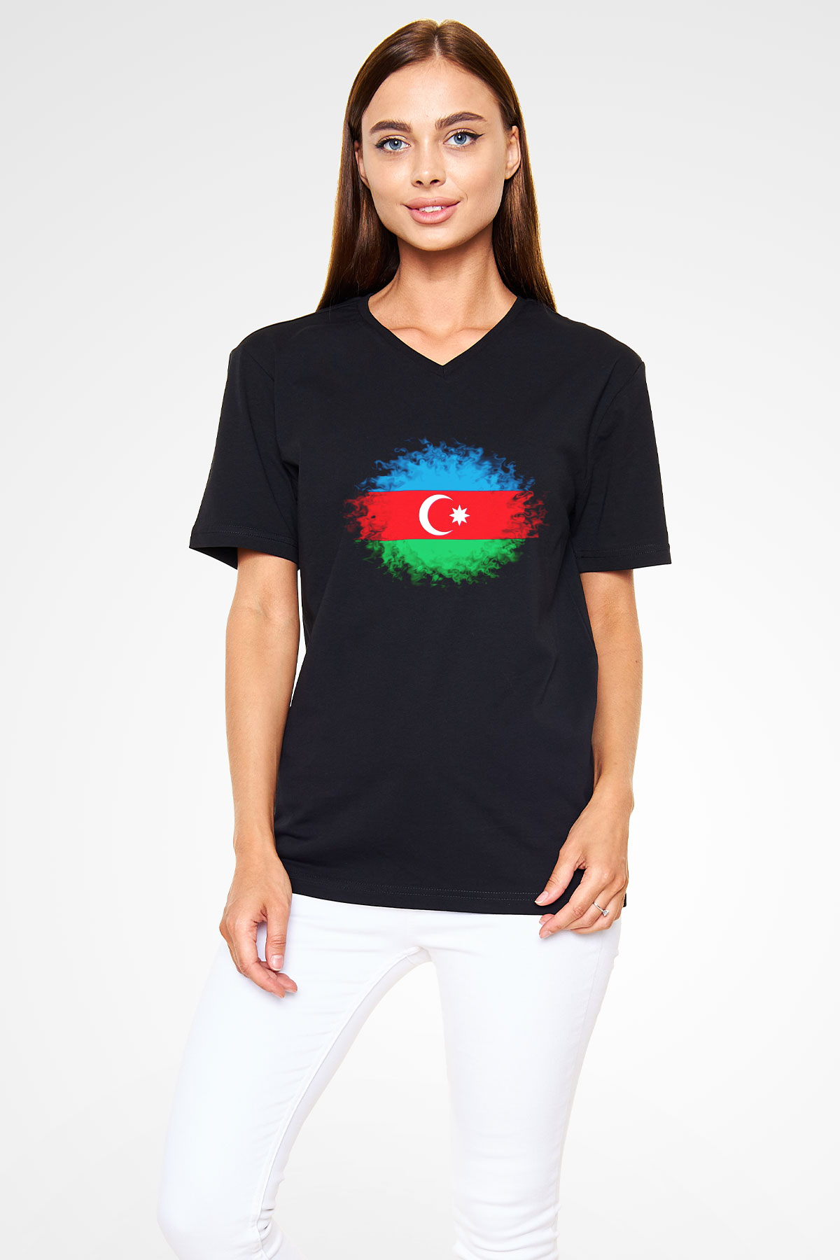 Azerbaycan Siyah Unisex V Yaka Tişört T-Shirt